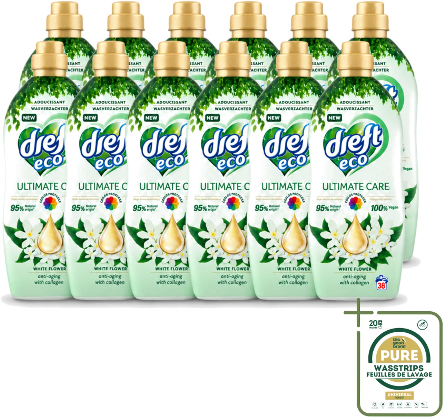 12 x Dreft ECO - Wasverzachter - Gekleurde Was - Witte Bloem - Anti-Veroudering - 38 Wasbeurten - Wasstrips - Wasverzachter - Anti-aging - Kleurbescherming - Collageen - Wasgoed Verzorgen