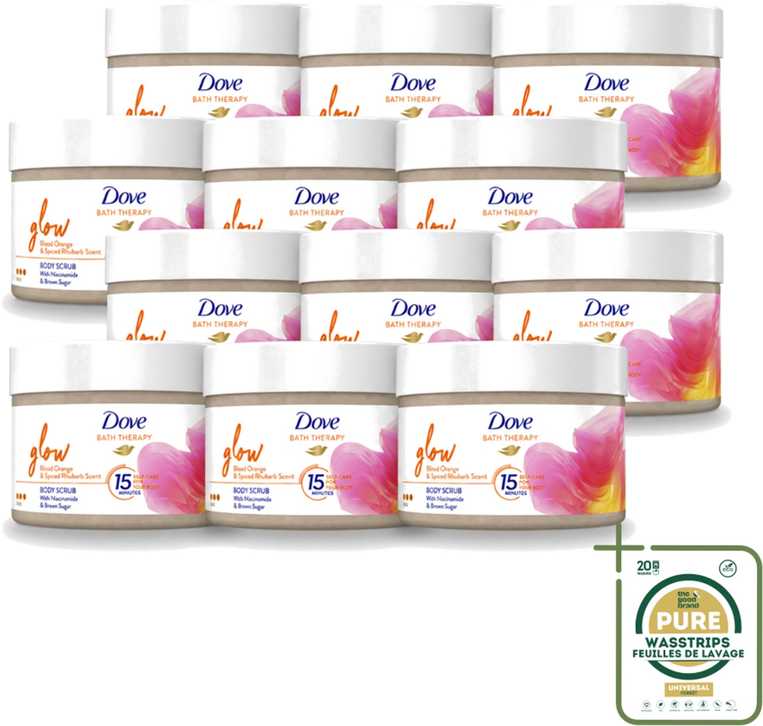 12 x Dove Bath Therapy Glow - Bodyscrub - Bloedsinaasappel & Rabarber - 295 ml - Wasstrips - Huid Verzorging - Huid Stralen - Huid Glans - Huid Exfoliatie - Huid Hydratatie