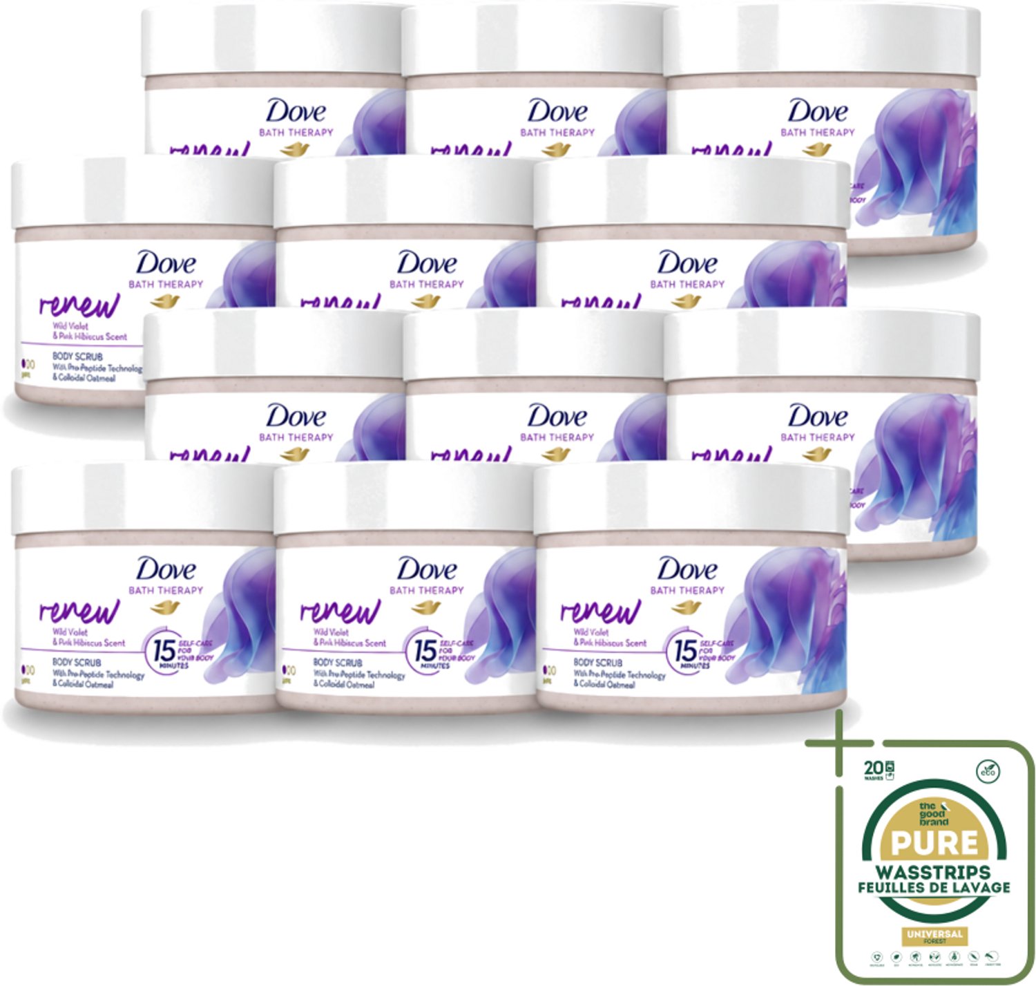 12 x Dove Bath Therapy Renew - Bodyscrub - Wilde Viooltjes & Roze Hibiscus - 295 ml - Wasstrips - Huidvernieuwing - Huidscrub - Exfoliatie - Zachte Huid - Huidverzorging