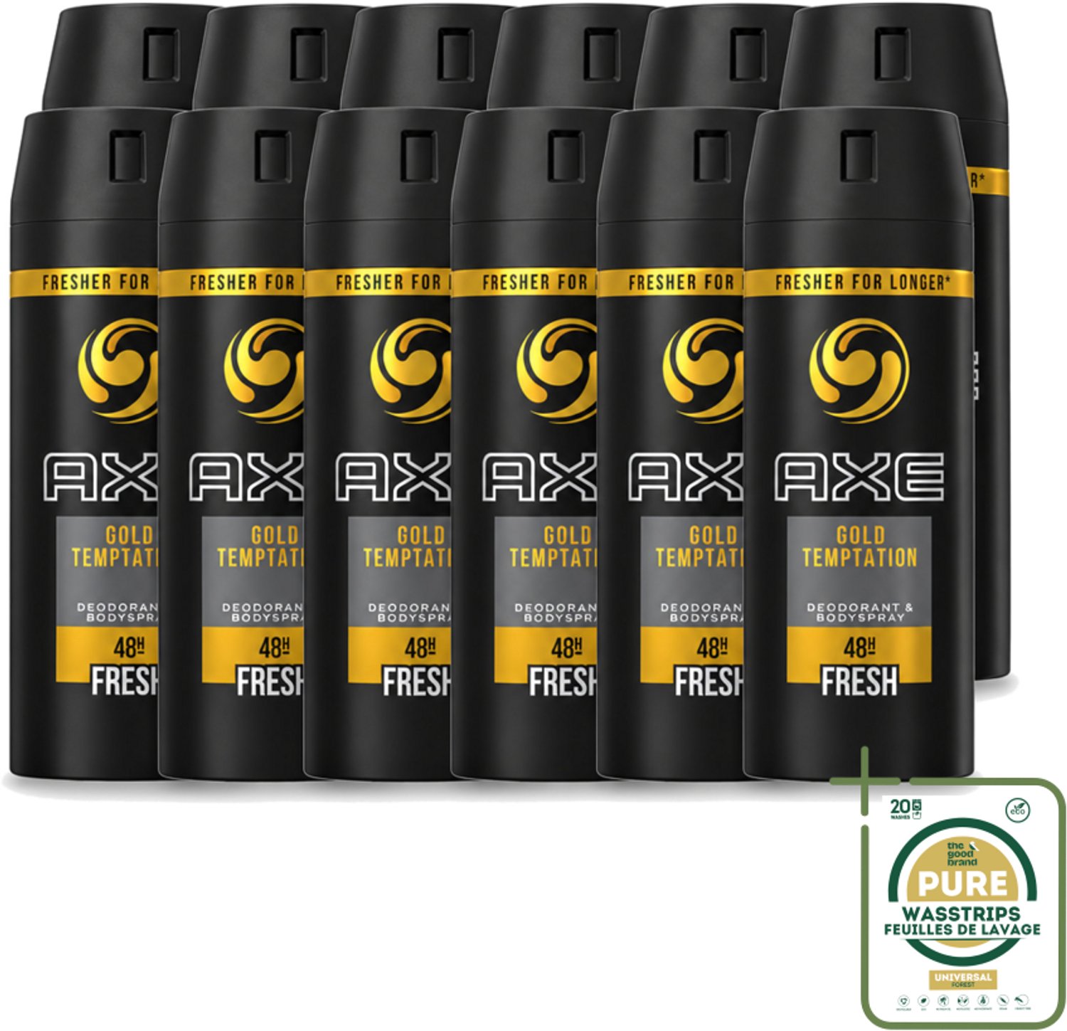 12 x Axe - Deodorant Bodyspray - 48hrs Fresh - Gold Temptation - 150 ml - Wasstrips - 48 Uur Bescherming - Zweetvermindering - Deodorant Spray - Geur - Fris