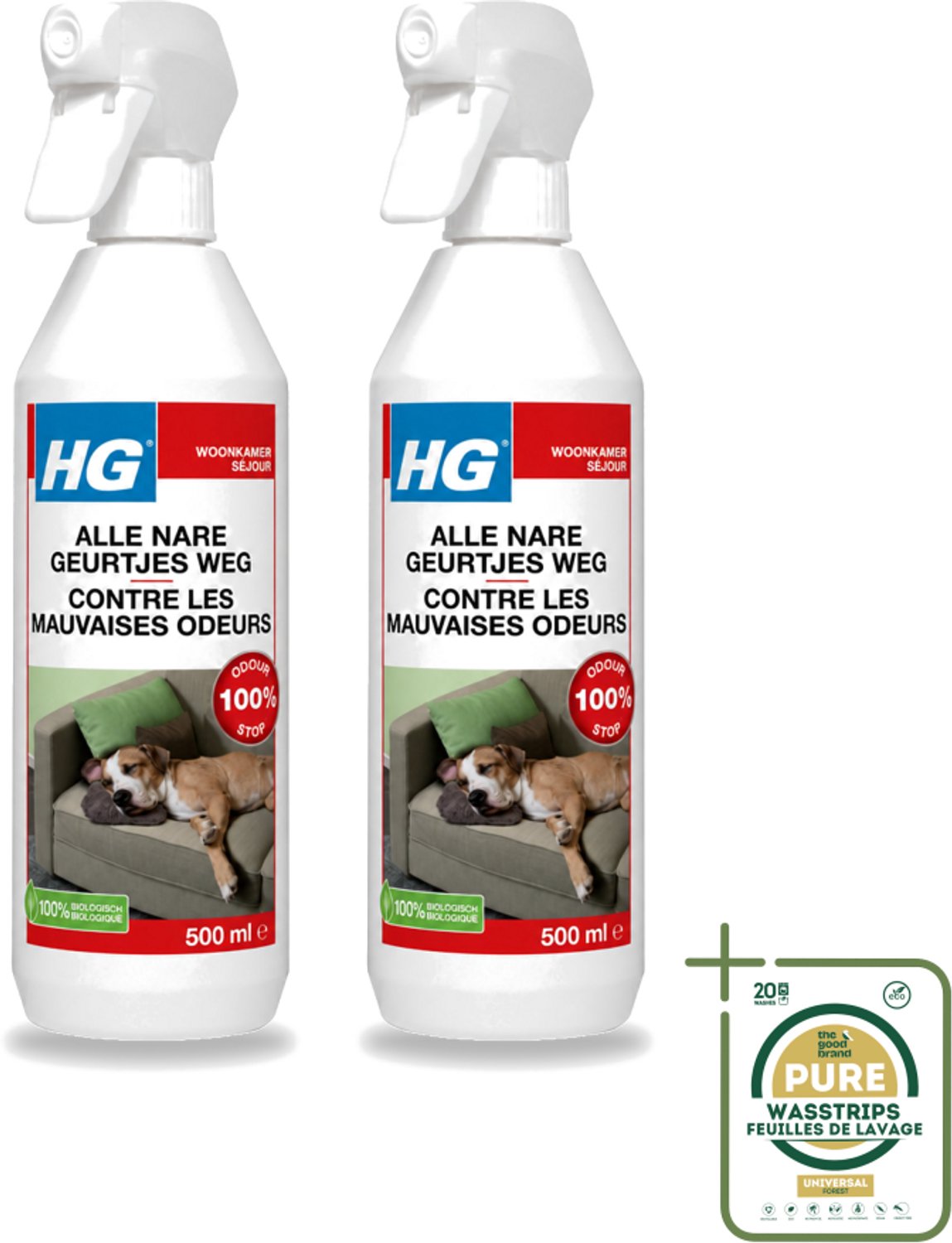2 x HG - Alle Nare Geurtjes Weg Spray - Elimineert Stankmoleculen - Biologisch - 500 ml - Wasstrips - Geur Stopper - Stankverwijderaar - Geurverwijderaar - Natuurlijke Geurverwijderaar - Enzymatische Geurverwijderaar