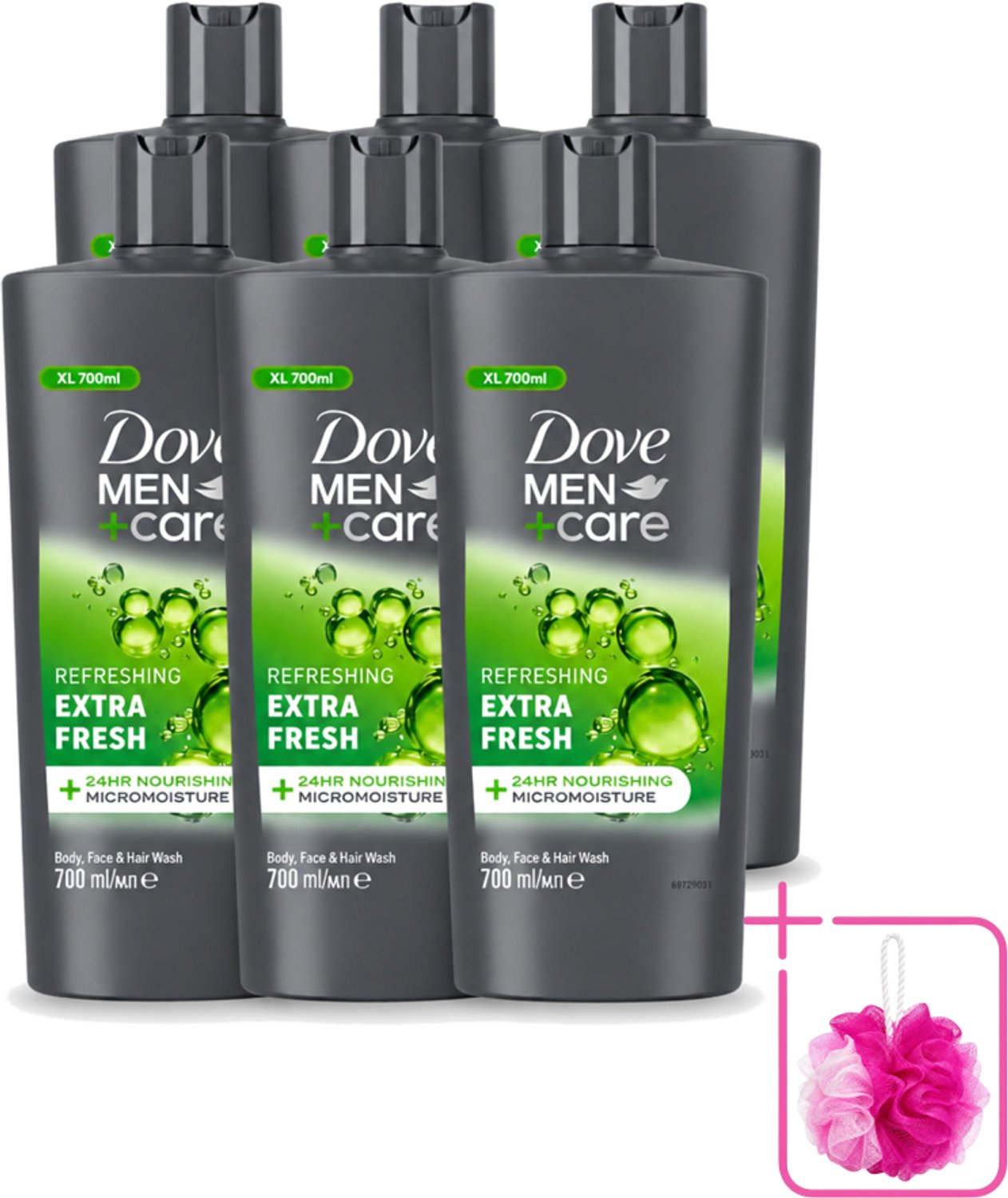 6 x Dove Men+Care - Extra Fresh - Douchegel 3-in-1 - Verzorgend - 700 ml - Bulkverpakking - Douchegel voor mannen - Douchemop - Verfrissende douche