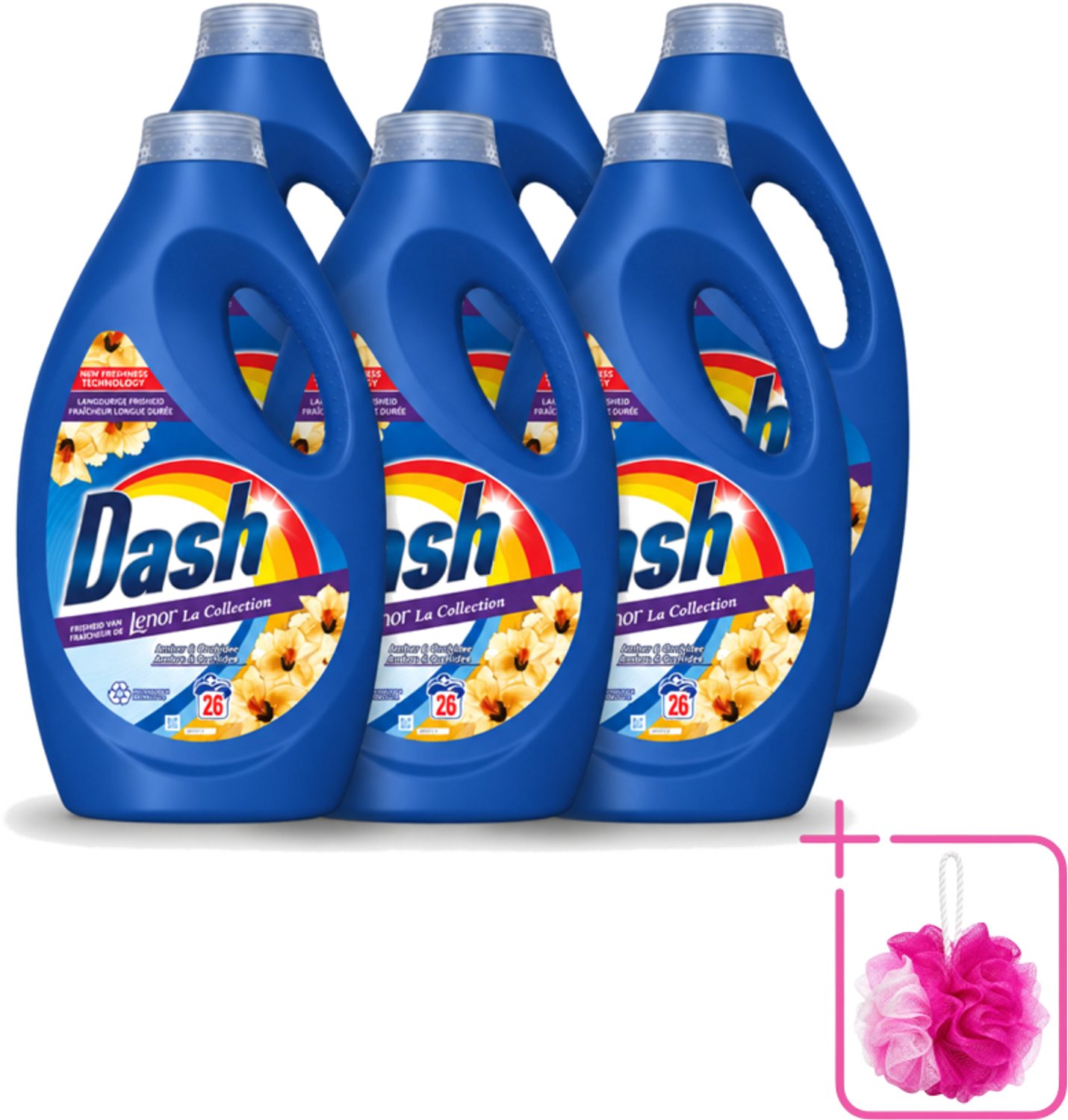 6 x Dash - Lenor Collectie - Vloeibaar Wasmiddel - Witte en Gekleurde Was - Amber & Orchidee - 26 Wasbeurten - Bulkverpakking - Vloeibaar wasmiddel - Douchemop - Frisheid
