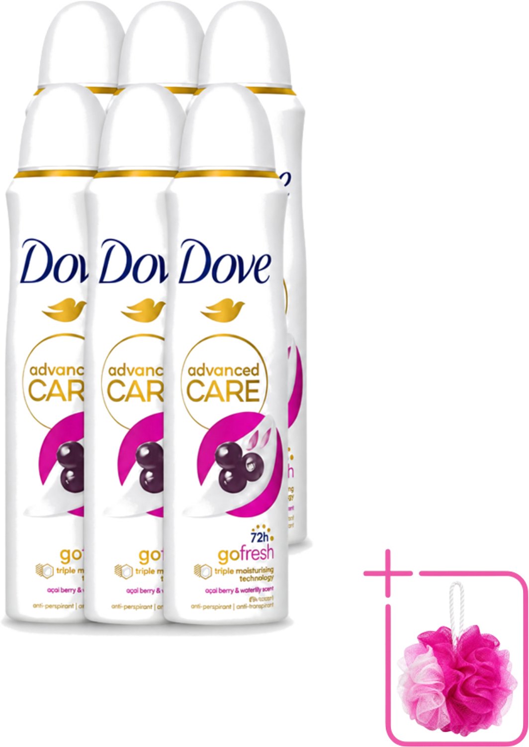 6 x Dove - Deospray - Acai Bes & Waterlelie - 150 ml - Bulkverpakking - Acai Bes & Waterlelie Deospray - Douchemop - Deospray oksels