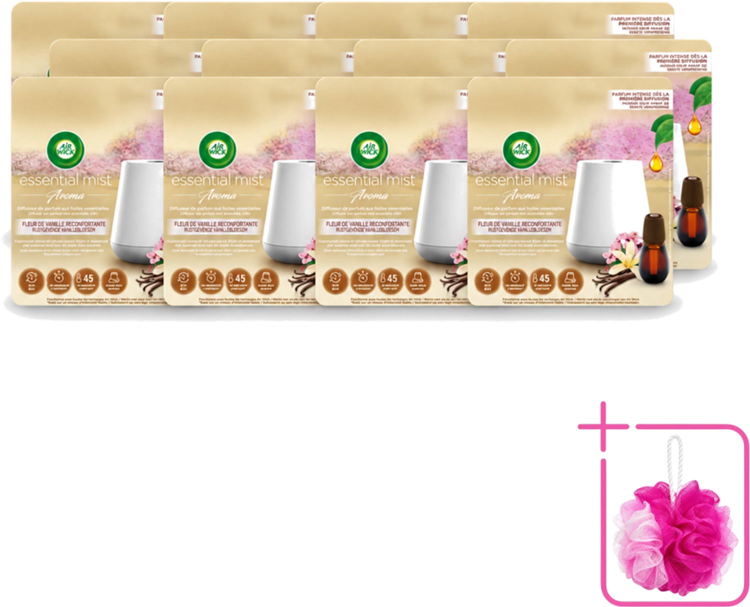 12 x Air Wick Essential Mist - Elektrische Geurverspreider - Starterkit - Rustgevende Vanillebloesem - 20ml - Bulkverpakking - Geurverspreider - Douchemop - Vanillebloesem