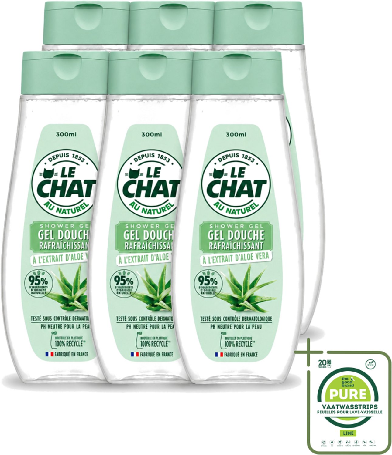 6 x Le Chat - Douchegel - PH Neutraal - Met Extract Van Aloë Vera - Verfrissend - 300 ml - Grootverpakking - Vaatwasstrips - Douchegel Aloë Vera - Frisheid Huid - PH Neutraal - Huidverzorging - Dagelijks Gebruik
