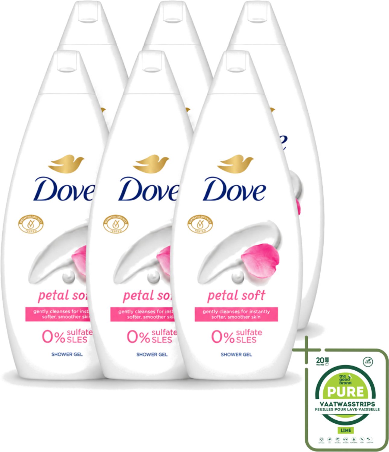 6 x Dove Petal Soft - Douchegel - Sulfaatvrij - 250 ml - Grootverpakking - Vaatwasstrips - Douchegele - Zachte Reiniging - Hydratatie - Bloemige Geur - Sulfaatvrije