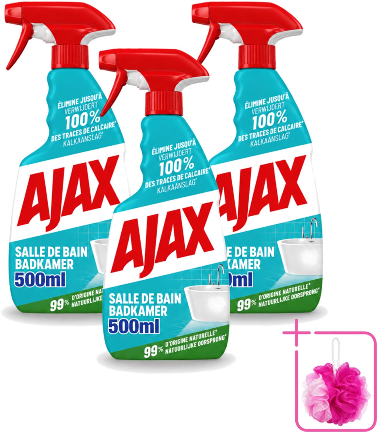 3 x Ajax – Badkamer Spray – 500 ml - Bulkverpakking - Badkamer reinigen - Douchemop - Kalk verwijderen