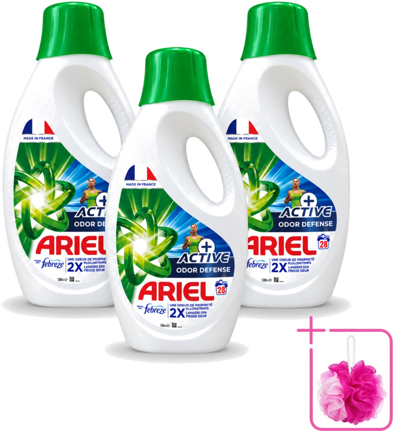 3 x Ariel – Vloeibaar Wasmiddel – Active Odor Defense – 1,26 L – 28 wasbeurten - Bulkverpakking - Geurverwijderend wasmiddel - Douchemop - Sportkleding wassen