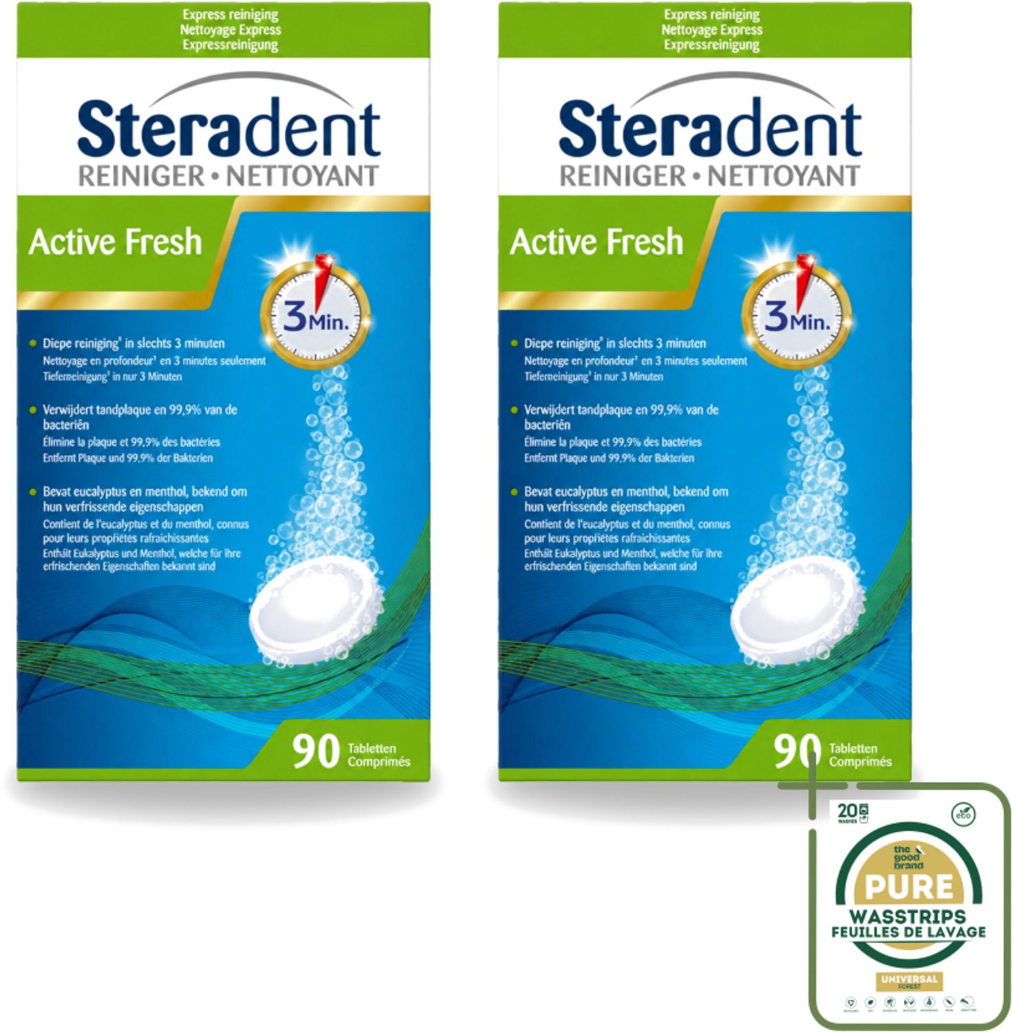 2 x Steradent - Kunstgebitreiniger - Active Fresh - Menthol En Eucalyptus - 90 Tabletten - Wasstrips - Kunstgebit Reinigen - Kunstgebit Reiniging - Kunstgebit Reiniging Tabletten - Kunstgebit Frisheid - Kunstgebit Geur