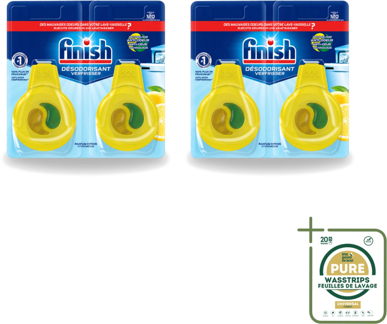 2 x Finish Deo Odorstop - Vaatwasverfrisser - Citroen Parfum - Anti-geur - Tot 120 Afwasbeurten - Wasstrips - Vaatwasverfrisser - Geurbeheersing - Citroengeur - Anti-geur - Vaatwasser Geur