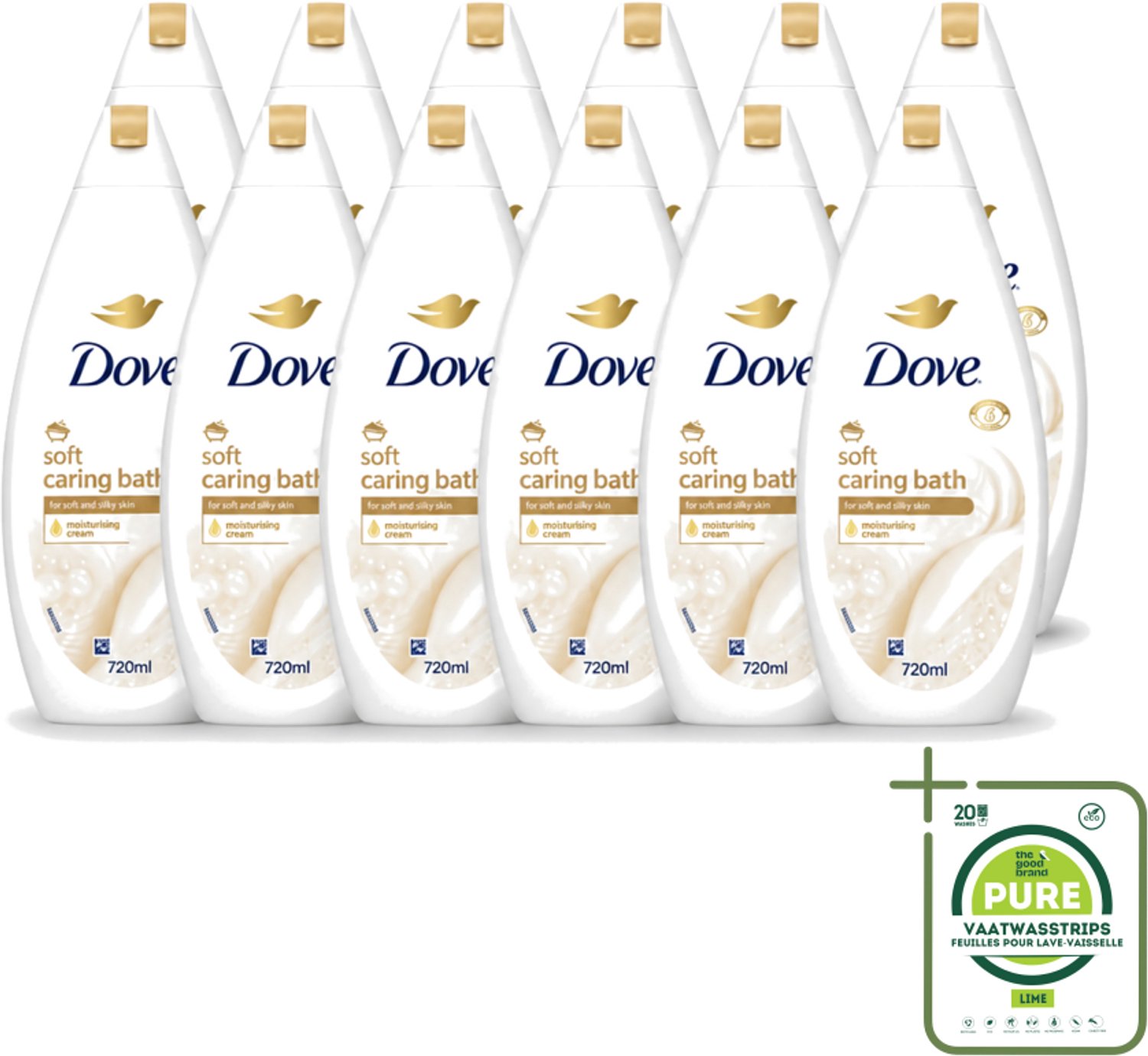 12 x Dove – Badcrème – Soft – 720 ml - Grootverpakking - Vaatwasstrips - Douchegel - Zachte Reiniging - Zijdeachtige Huid - Glycerine - Huidverzorging