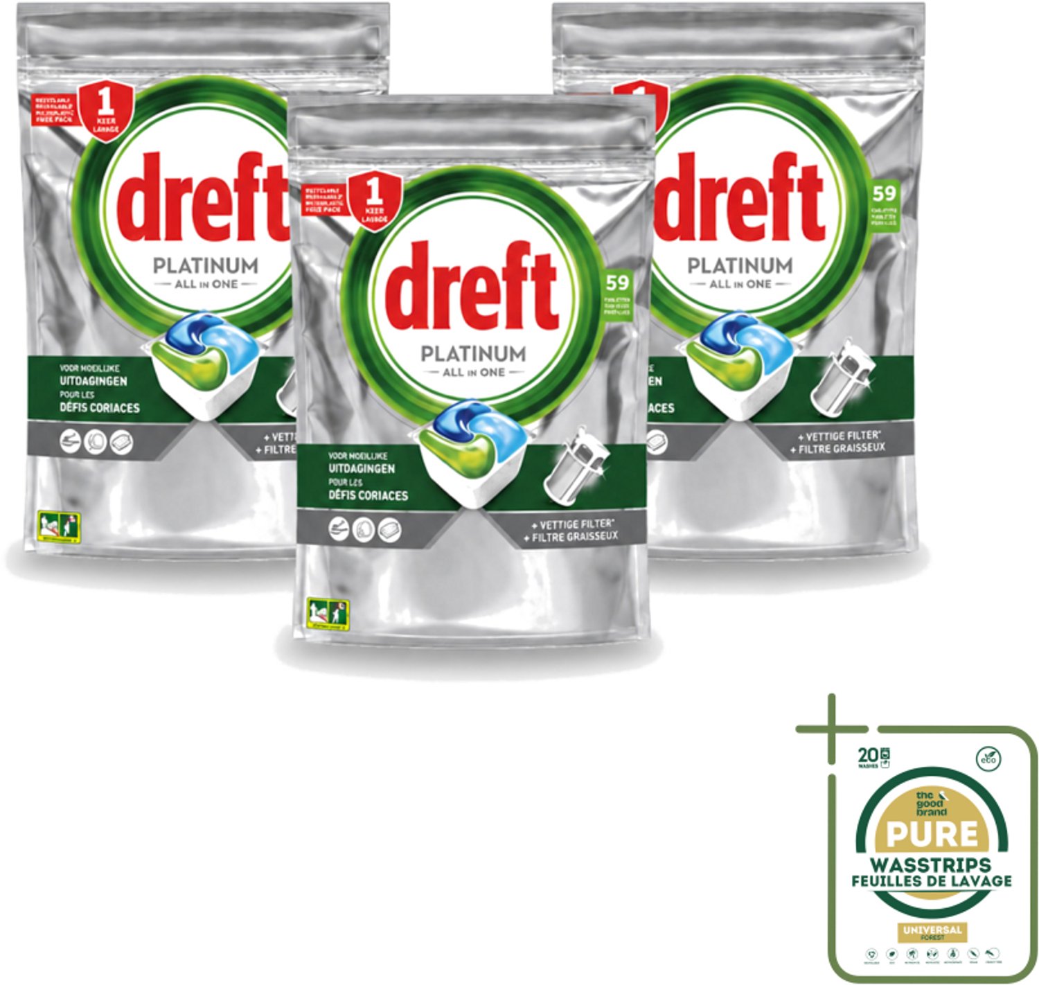 3 x Dreft – Vaatwastabletten – Platinum All-in-One Original – 59 Tabletten - Vaatwastabletten - Vaatwasser - Reiniging - Ontvetting - Zout