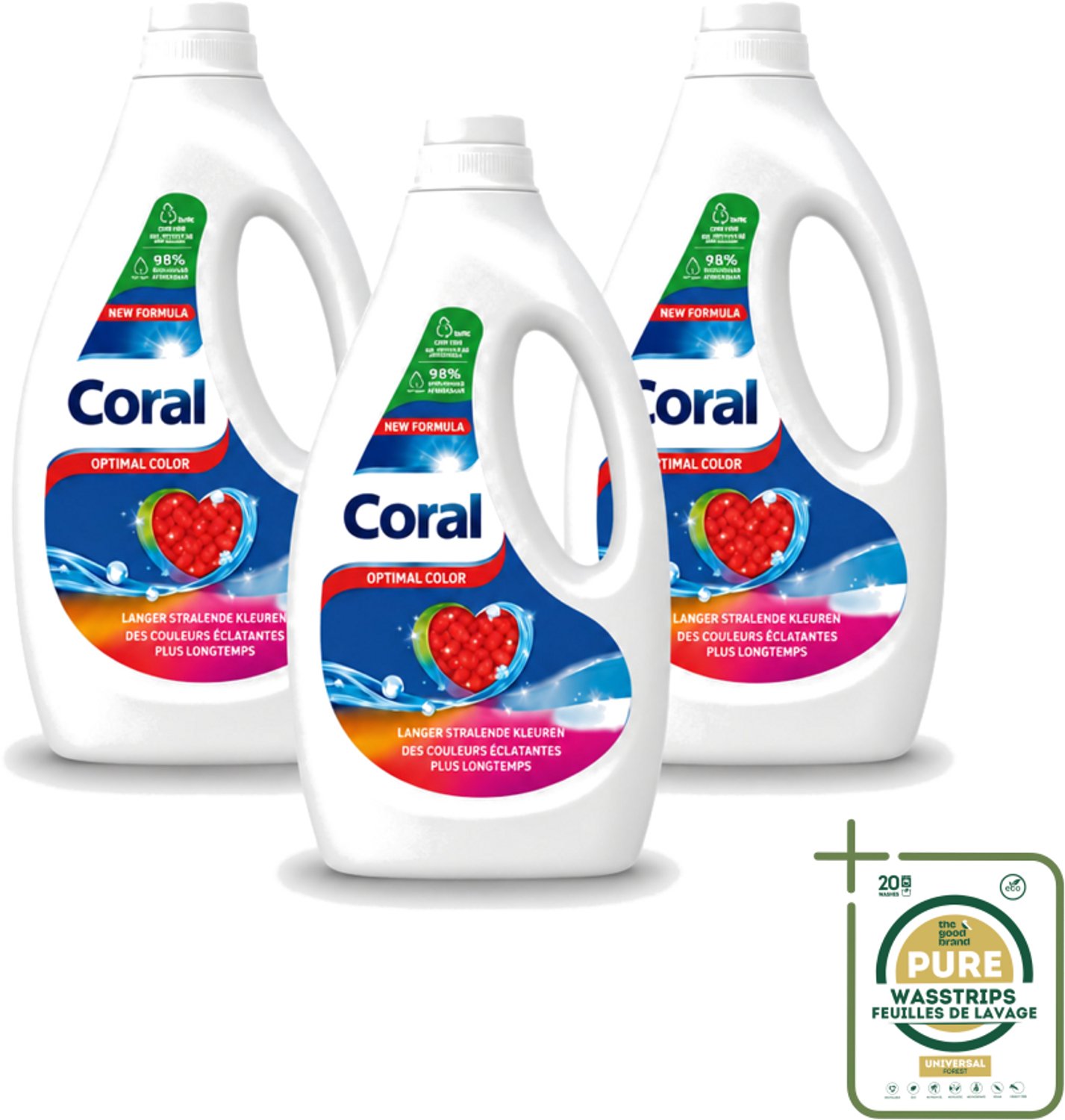 3 x Coral – Vloeibaar Wasmiddel – Optimal Color – 1170 ml - Wasstrips - Kleurbehoud - Vlekverwijdering - Anti-pluis - Wasmiddel - Wasresultaat