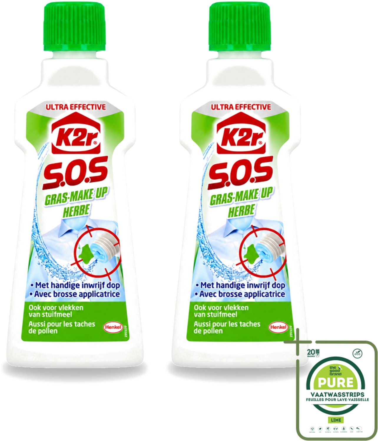 2 x K2R - SOS Vlekverwijderaar - Gras & Make-up - 50ml - Grootverpakking - Vaatwasstrips - Vlekverwijderaar - Grasvlek - Make-upvlek - Textielverwijderaar - Vlekken Verwijderen