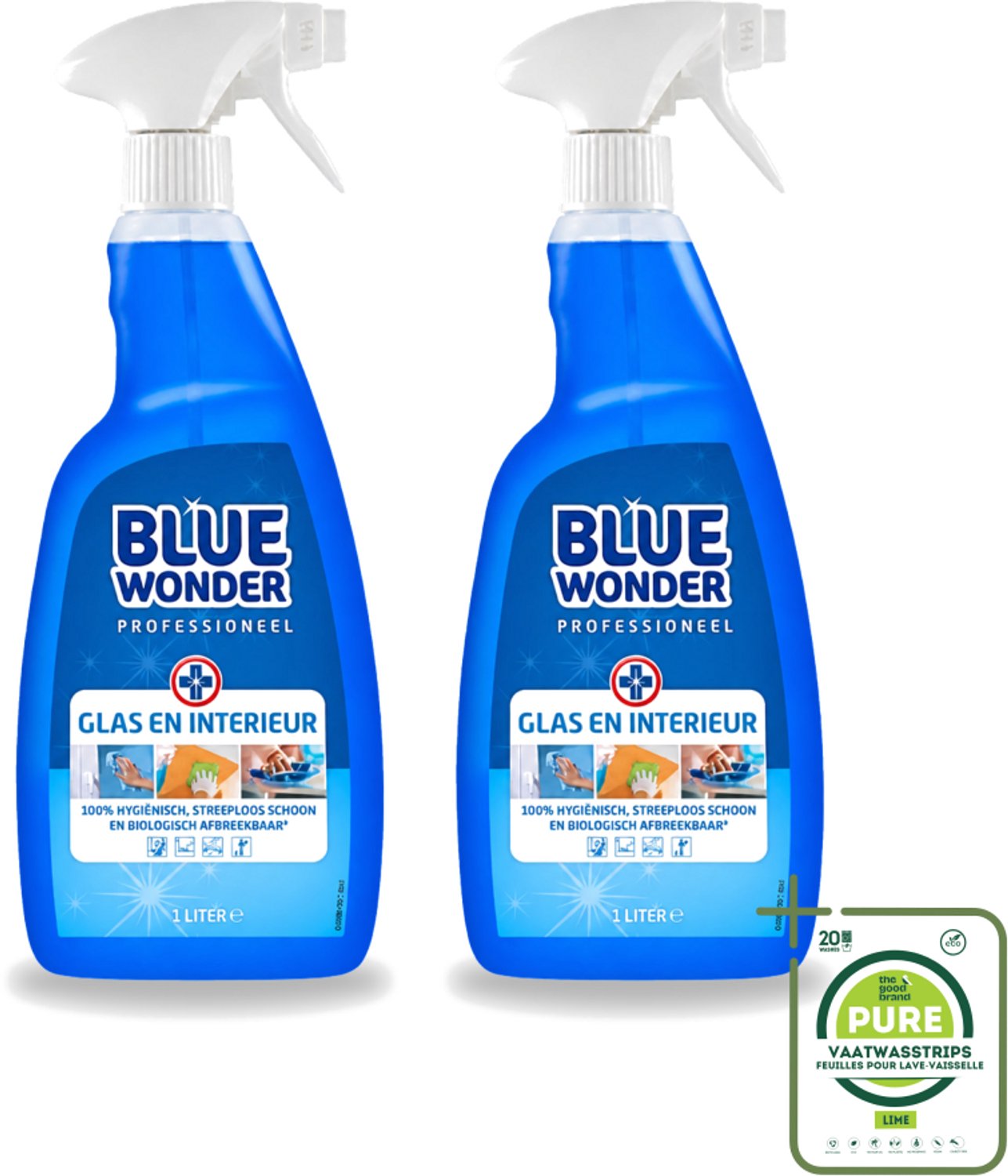 2 x Blue Wonder - Professionele Glas & Interieur Spray - Streeploos Schoon - 1 Liter - Grootverpakking - Vaatwasstrips - Glas Reinigen - Interieur Reinigen - Streeploos Drogen - Vet Verwijderen - Vlekken Verwijderen