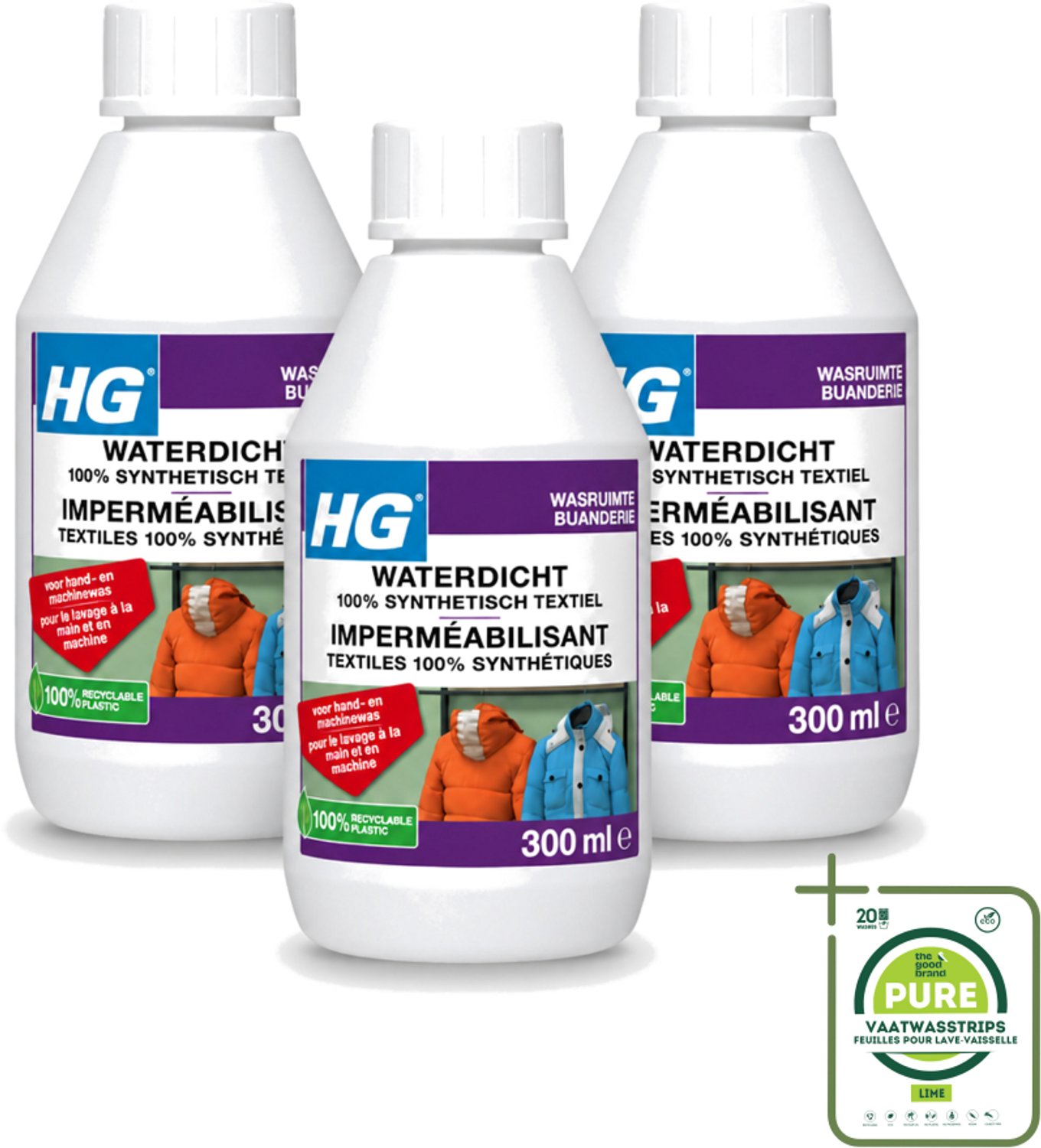 3 x HG - Wasruimte - Waterdicht 100% Synthetisch Textiel - Voor Hand & Machine Was - 300 ml - Grootverpakking - Waterdicht Textiel - Vuilafstotend Textiel - Synthetisch Textiel Behandelen - Regenkleding Waterdicht Maken - Ski Kleding Waterdicht