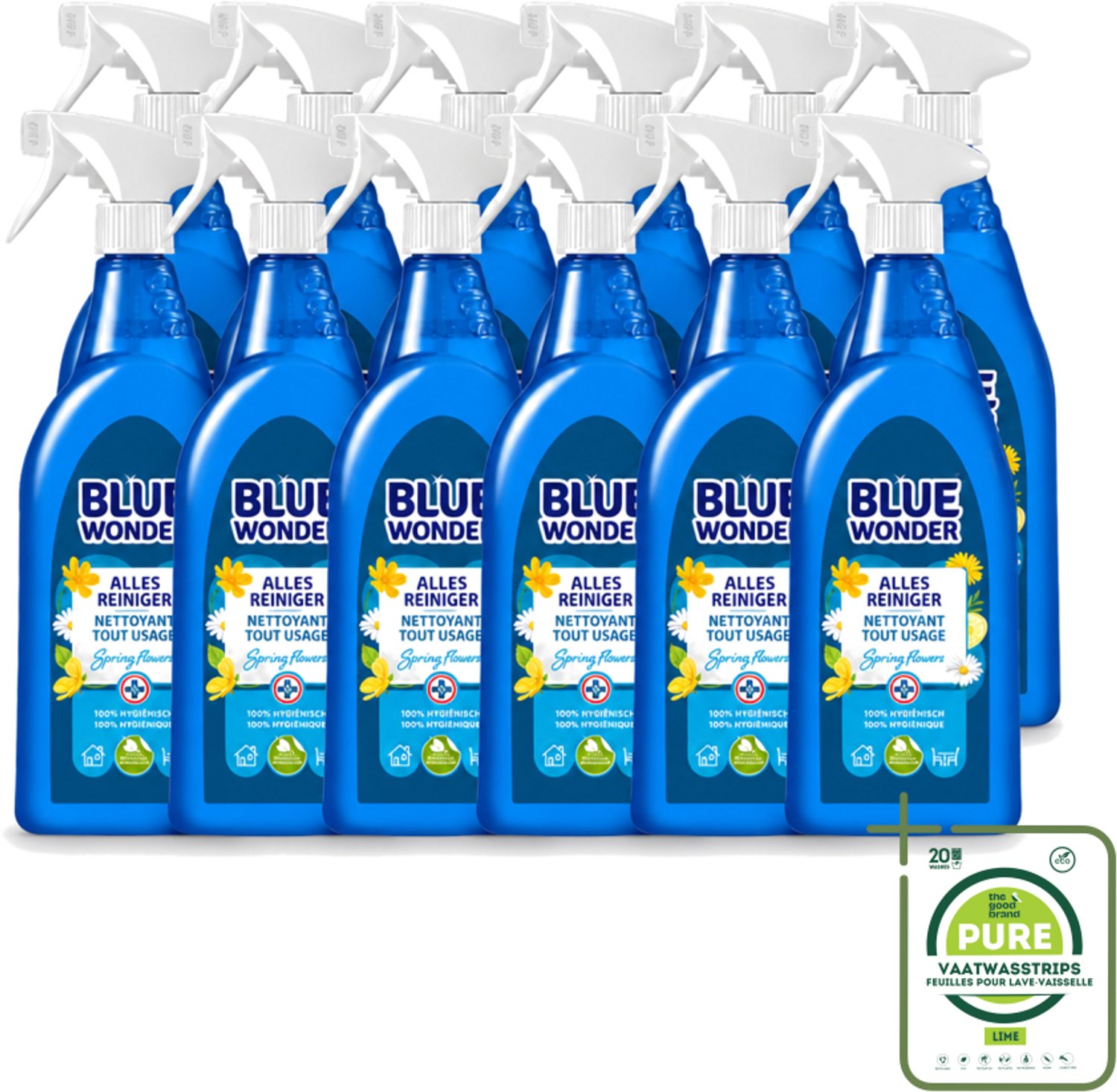 12 x Blue Wonder - Allesreiniger - Lente Bloemen - Hygiënisch - Biologisch Afbreekbaar - 750 ml - Grootverpakking - Allesreiniger - Reinigings Spray - Lentegeur - Natuurlijke Reiniger - Biologisch Afbreekbaar