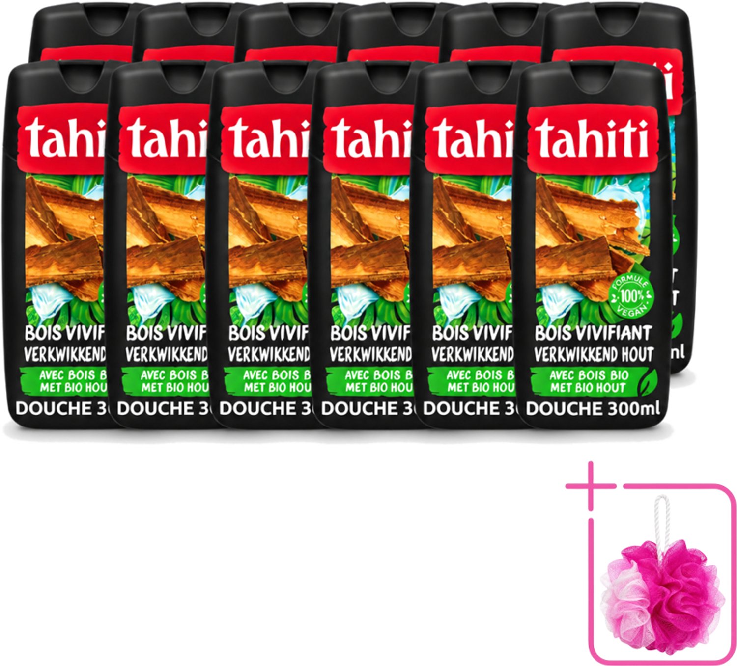 12 x Tahiti - Douchegel - Verkwikkend Bio Hout - 100% Vegan - 300 ml - Bulkverpakking - Douchegel - Douchemop - Houtgeur