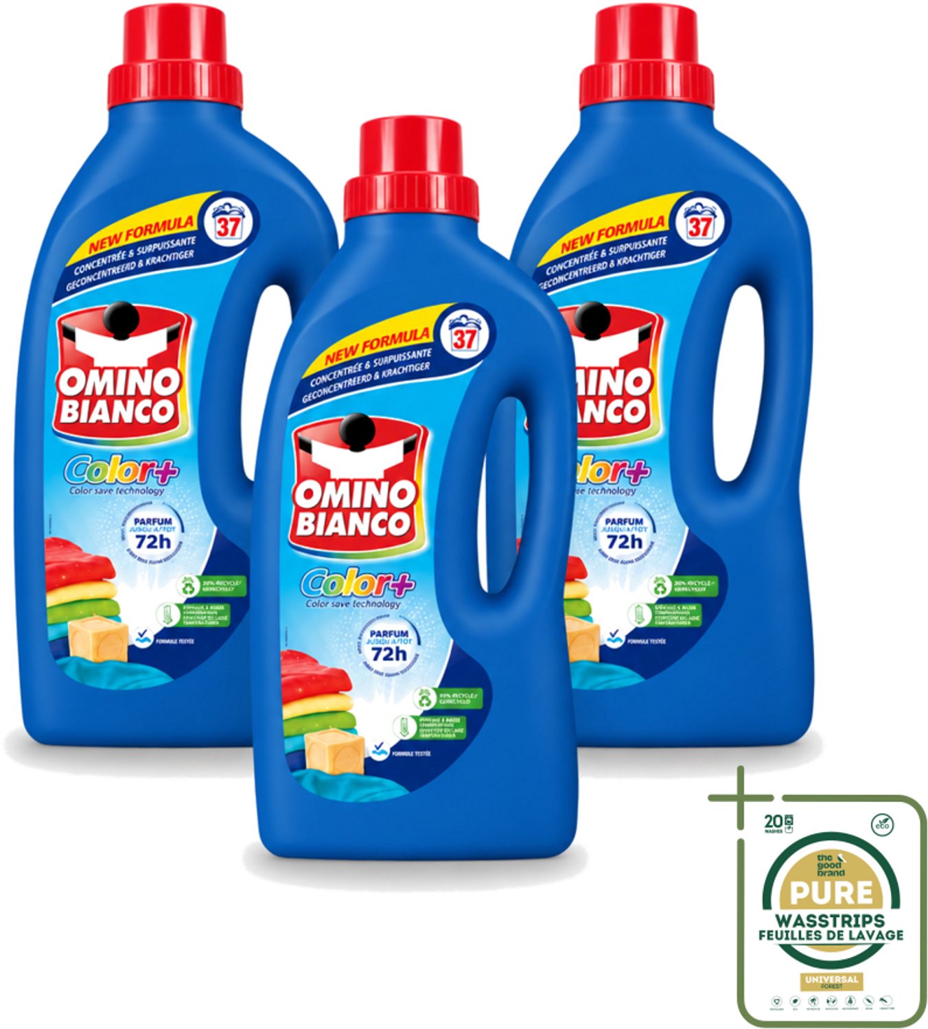 3 x Omino Bianco - Color+ - Wasmiddel - Tot 72h Parfum - Gekleurde Was - 37 Wasbeurten - Wasstrips - Kleurbehoud - Wasmiddel - Frisse Geur - Kleuren Beschermen - Wasmiddel Voor Gekleurd Textiel