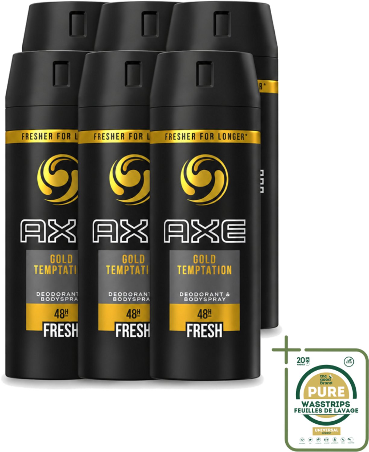 6 x Axe - Deodorant Bodyspray - 48hrs Fresh - Gold Temptation - 150 ml - Wasstrips - 48 Uur Bescherming - Zweetvermindering - Deodorant Spray - Geur - Fris