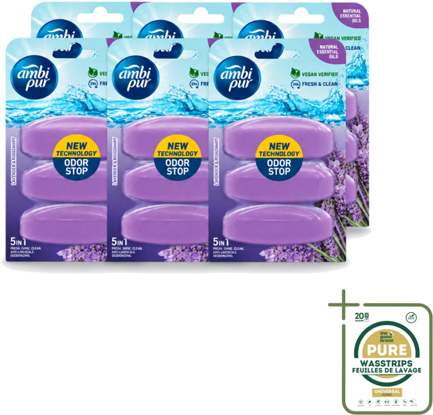6 x Ambi Pur - Navulling Toiletblok - Lavendel & Rozemarijn - 3 Blokken - Wasstrips - Toiletblok Navulling - Reinigingsvulling - Frisse Toiletomgeving - Lavendel En Rozemarijn - Hygiëne