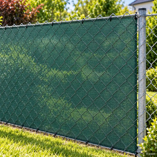 Groen schaduwnet over een gaashek, in een tuin.