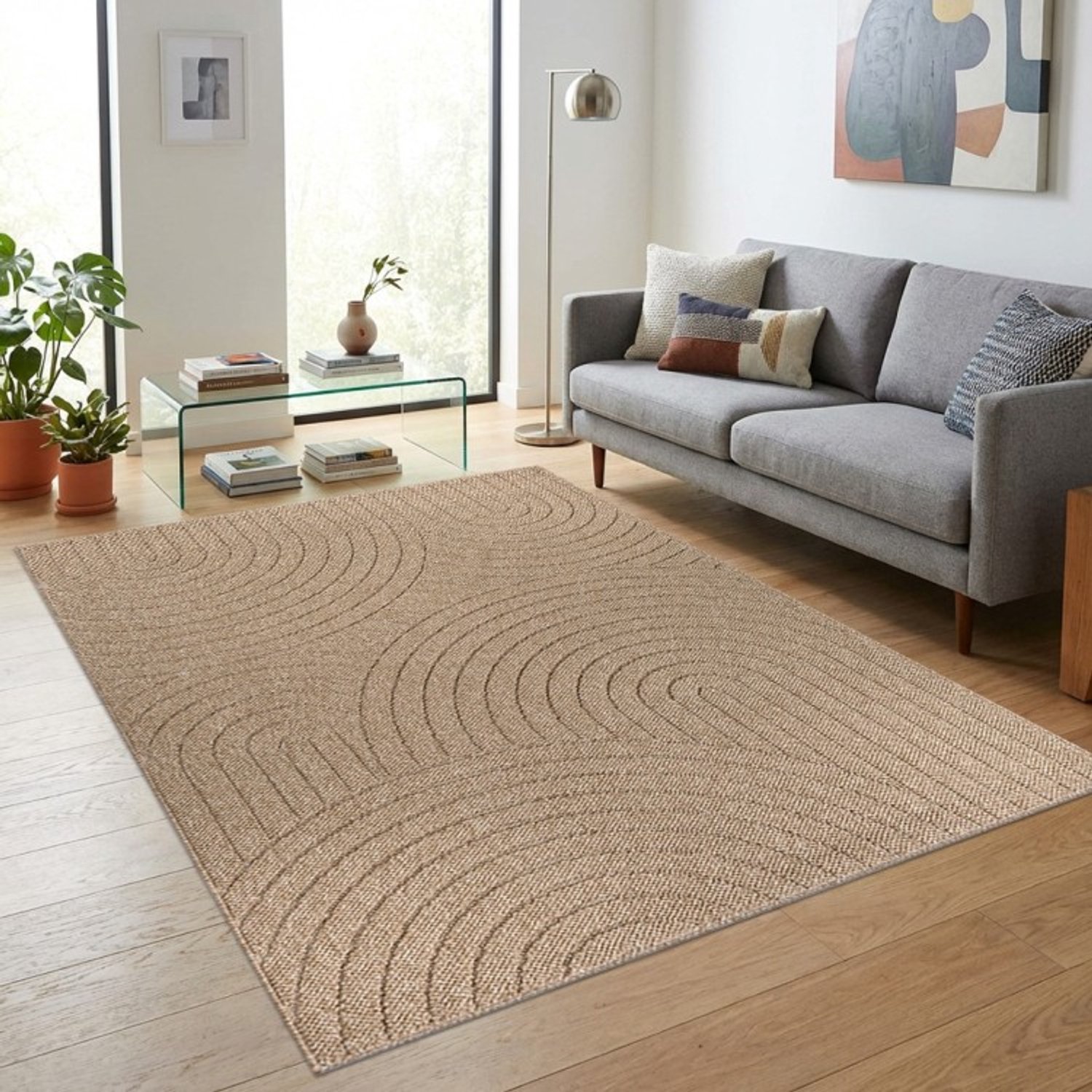 TapisTrend Designer tapijt Naturel 240x340 cm Natuurlijk binnen-/buitenkleed met herhaalde geometrische bogen in reliëf voor terras en woonkamer