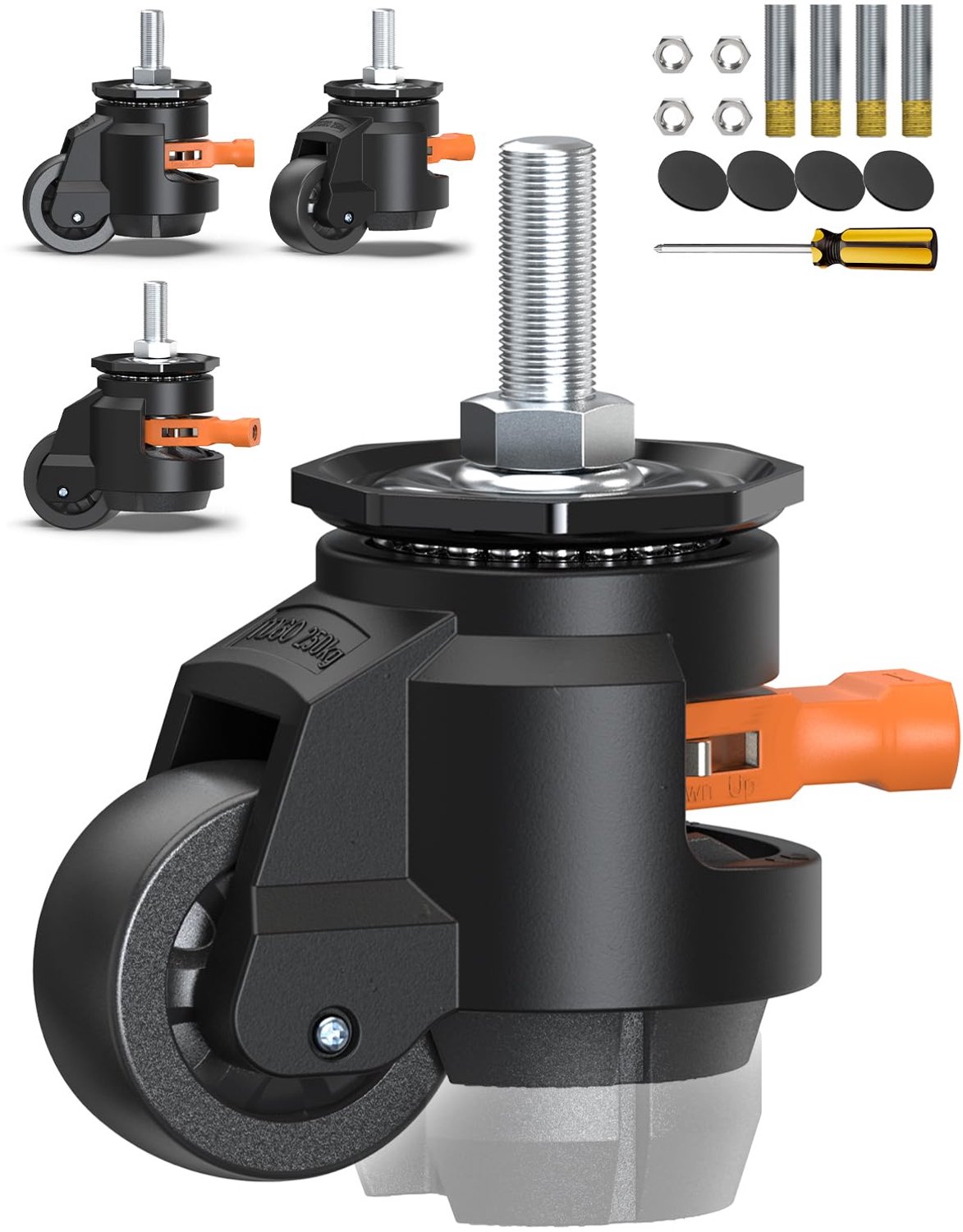 Zwenkwielen set van 4 - zware lasten M12 en 1/2 inch - intrekbare wielen - totale capaciteit 1000 kg - ShopVlot