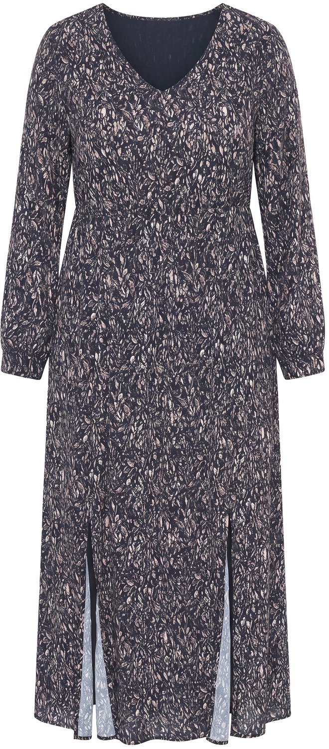 Ulla Popken - Dames - Maxi-jurk A-lijn V-hals lange mouw - Zwart - Maat 54+