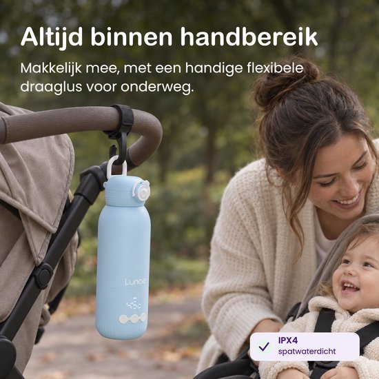 Lunae Draagbare Flessenwarmer Onderweg - Draadloos USB-C 13.500mAh– 2x5 Temperaturen 37-55°C - Melk & Watermodus - Thermosfles 350 ml - 316 RVS - Flesverwarmer Voor Alle Babyflessen — afbeelding 5