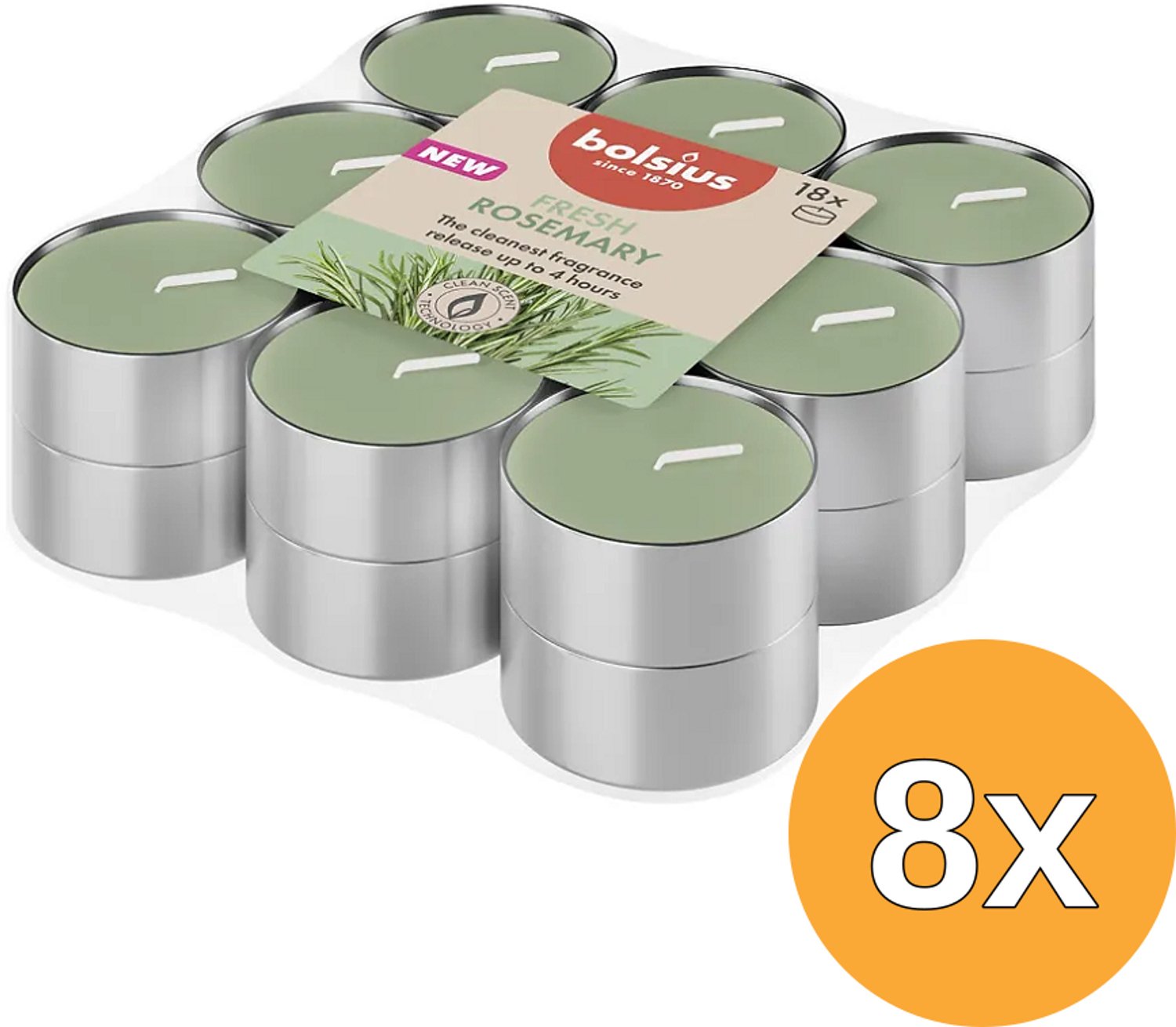Bolsius 8x Bolsius Geurtheelichten 4u True Scents Rosemary (18 stuks)