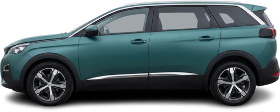 Zij-aanzicht van een teal Peugeot 5008 SUV met zilveren dakrails en 18-inch velgen.