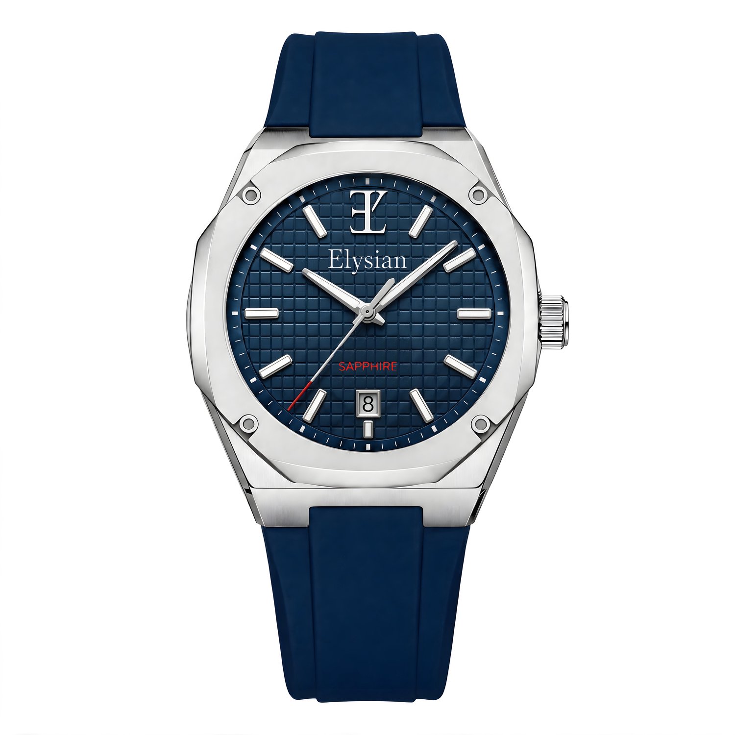 Elysian Octa Heren Horloge Blauw 42mm - Saffierglas - 316L Staal - Blauw Rubber Band