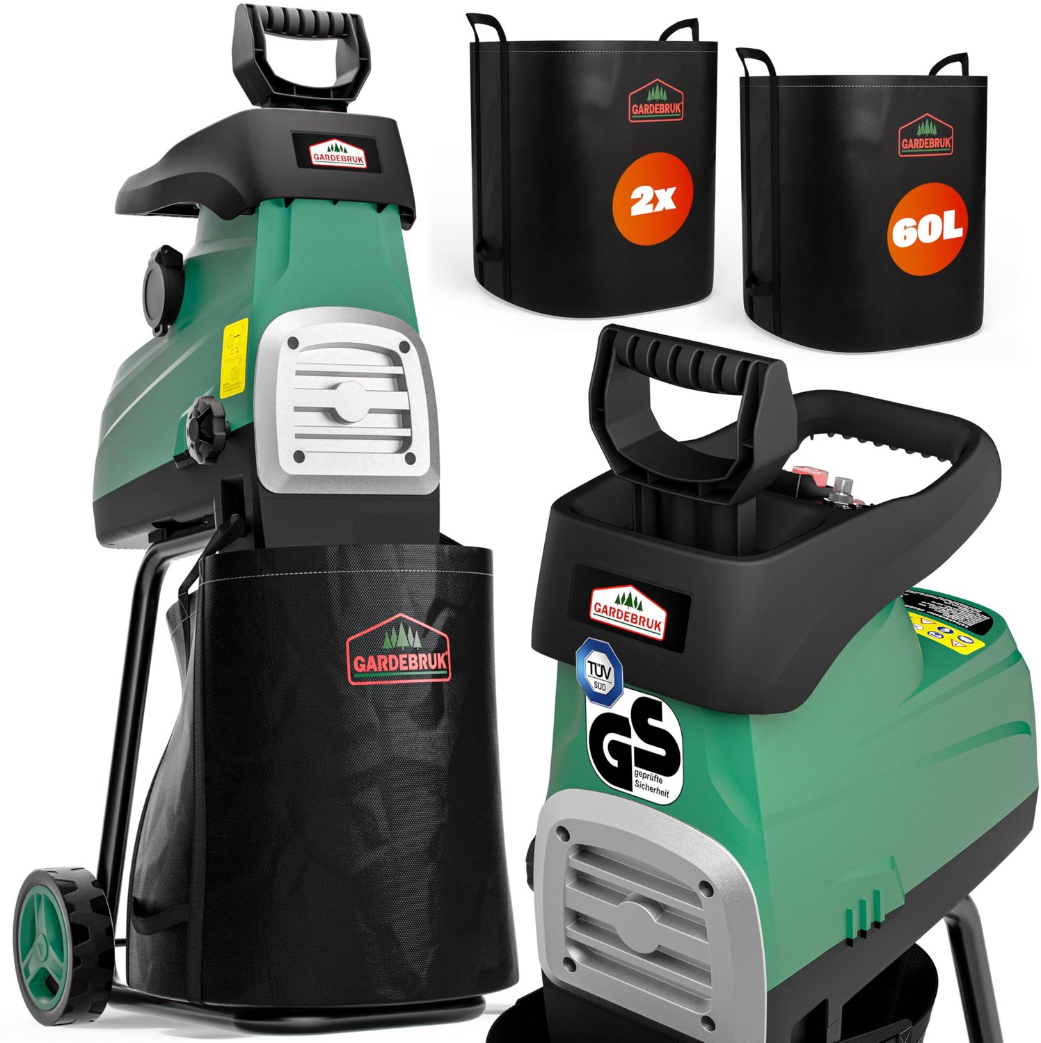 Elektrische Hakselaar 3100 W - Takdikte 44 mm - 2x 60 L Opvangzak - Kunststof En Metaal - Voor Tuinafval Verwerking