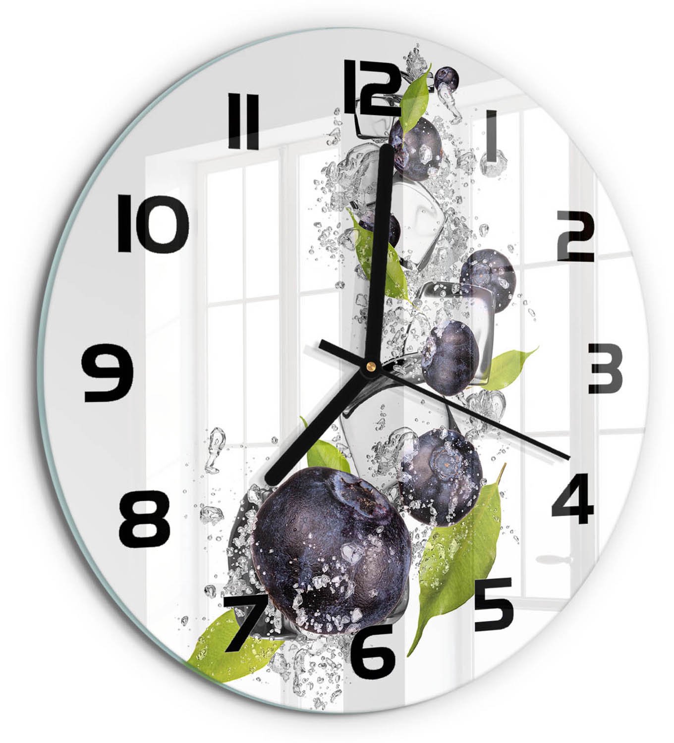 TULUP Wandklok - Bosbessen met ijs Glazen Wandklok Design - fi30 cm - Zwart Klok Glas Met Opdruk - Zwarte handen - Ronde Klok - Wandklok Glas Met Motief - Decoratieve Glazen Klok