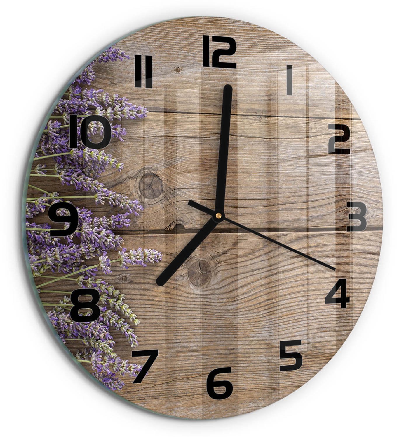 TULUP Wandklok - Lavendel op hout Glazen Wandklok Design - fi30 cm - Bruin Klok Glas Met Opdruk - Zwarte handen - Ronde Klok - Wandklok Glas Met Motief - Decoratieve Glazen Klok