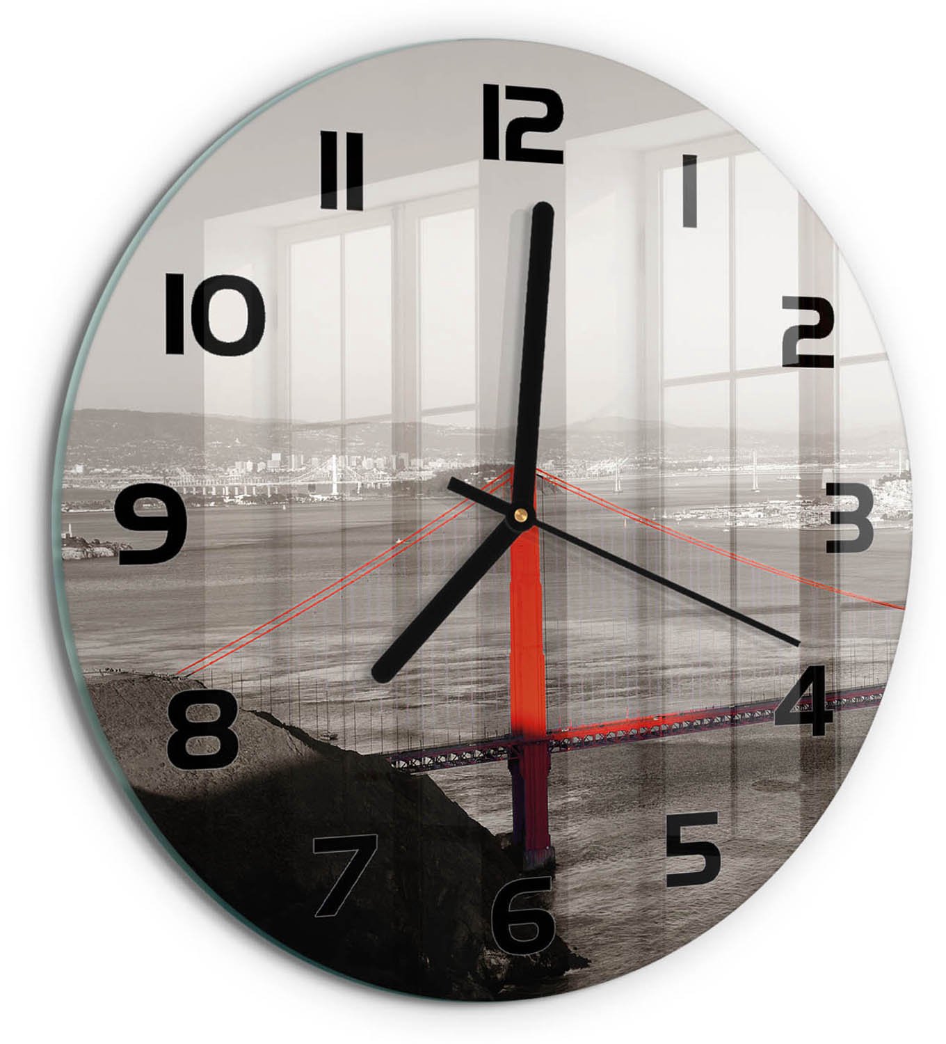 TULUP Wandklok - San Francisco-brug Glazen Wandklok Design - fi30 cm - Rood Klok Glas Met Opdruk - Zwarte handen - Ronde Klok - Wandklok Glas Met Motief - Decoratieve Glazen Klok
