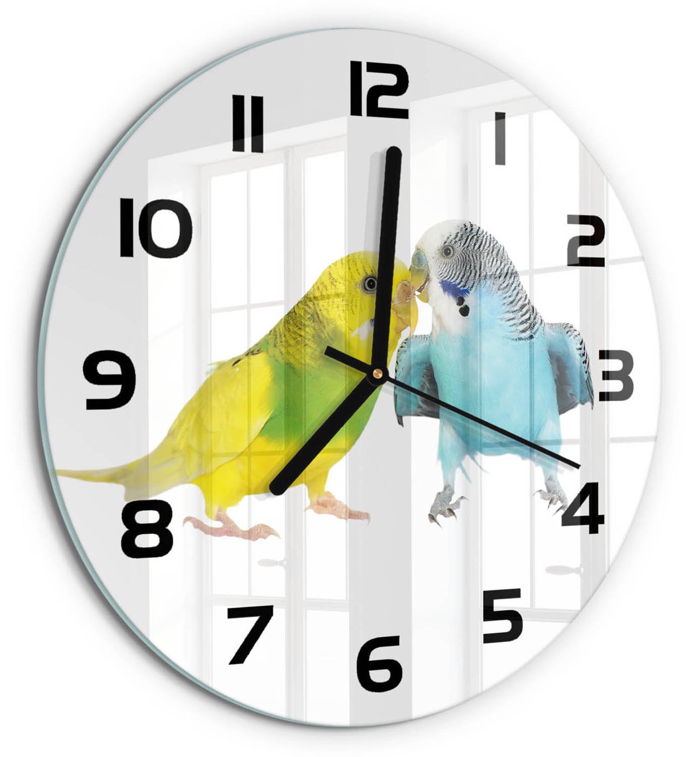 TULUP Wandklok - Parkieten Decoratieve Glazen Klok - fi30 cm - Veelkleurig Glazen Wandklok Design - Zwarte handen - Ronde Klok - Glazen Klok Met Print - Wandklok Glas Met Motief