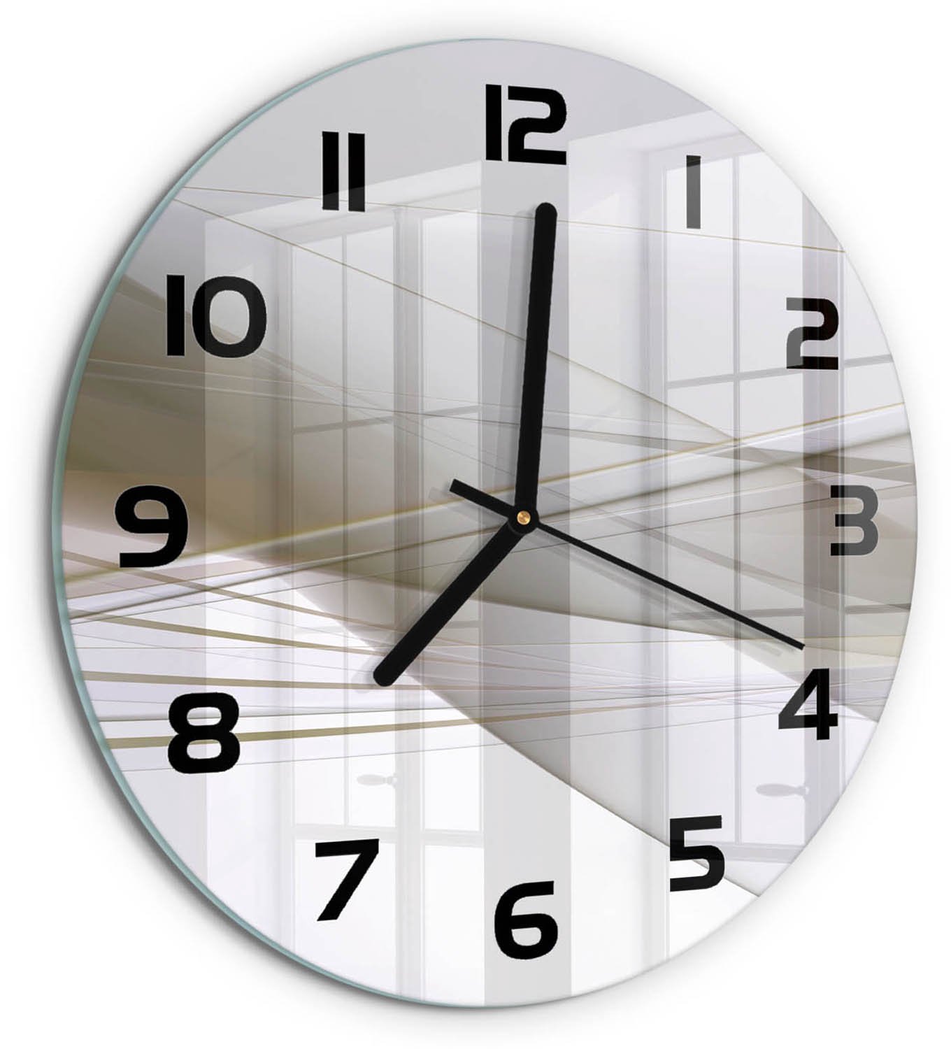 TULUP Wandklok - Abstractie Wandklok Glas Decoratie - fi30 cm - Beige Gekleurde Glazen Klok - Zwarte handen - Ronde Klok - Klok Glas Met Opdruk - Moderne Wandklok Glas