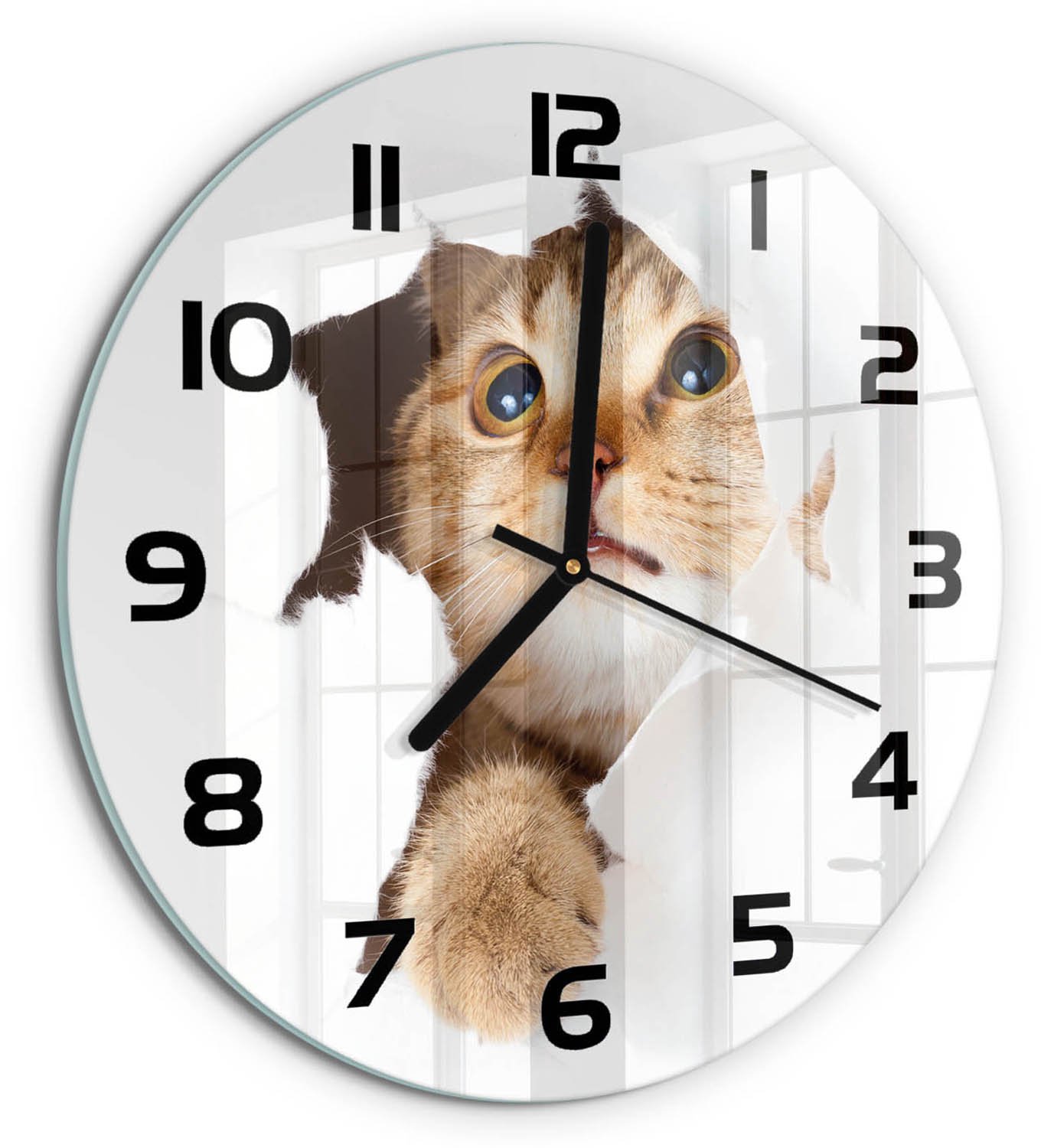 TULUP Wandklok - Kat in het gat Moderne Wandklok Glas - fi30 cm - Beige Wandklok Glas Decoratie - Zwarte handen - Ronde Klok - Glazen Wandklok Design - Klok Glas Met Opdruk