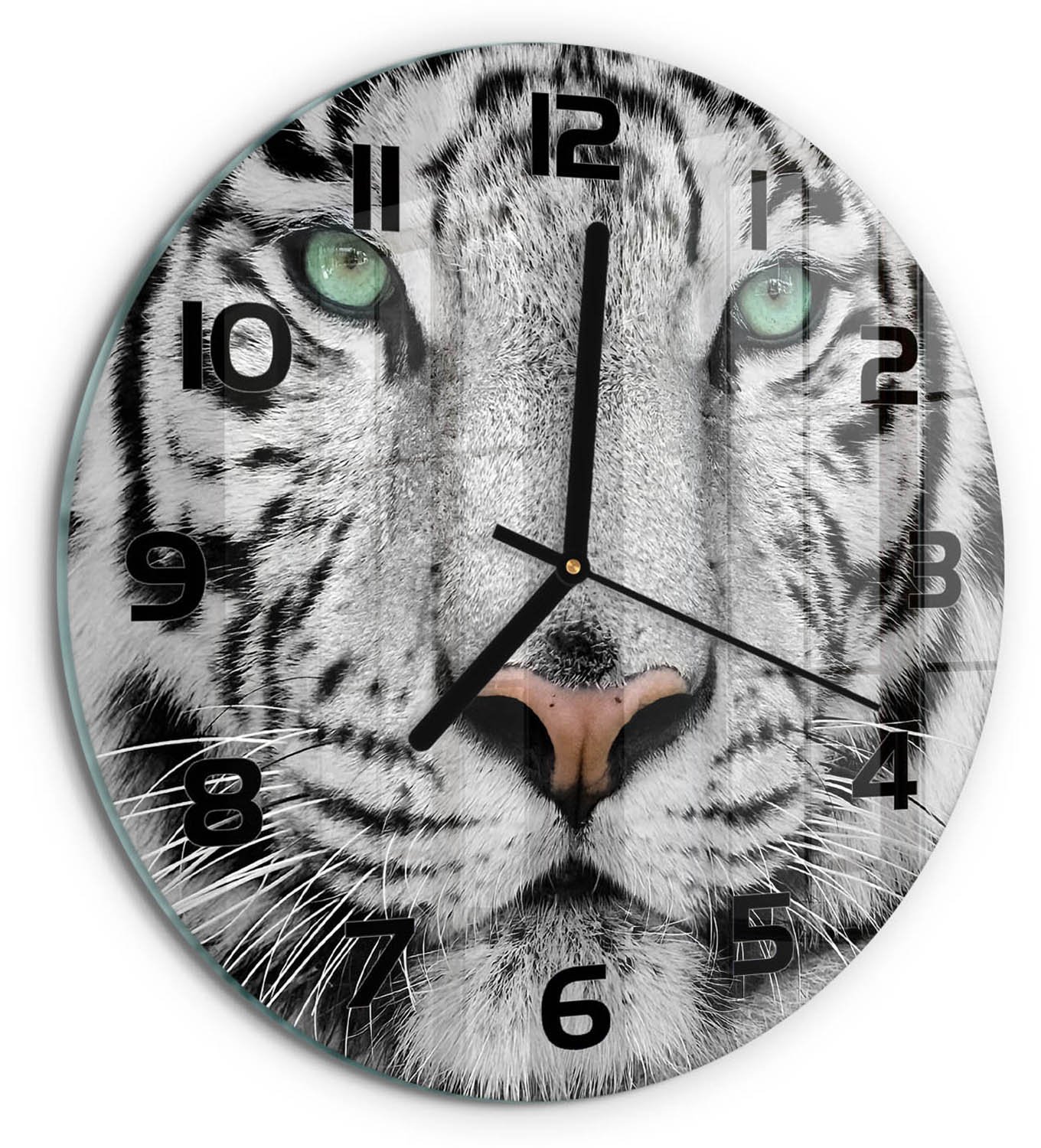 TULUP Wandklok - Witte Tijger Moderne Wandklok Glas - fi30 cm - Wit Wandklok Glas Decoratie - Zwarte handen - Ronde Klok - Glazen Wandklok Design - Klok Glas Met Opdruk