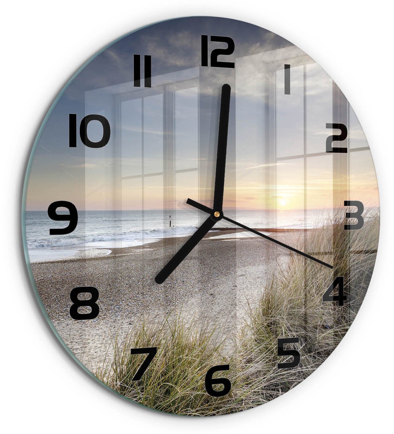 TULUP Wandklok - Zonsondergang en duinen Decoratieve Glazen Klok - fi30 cm - Beige Glazen Wandklok Design - Zwarte handen - Ronde Klok - Glazen Klok Met Print - Wandklok Glas Met Motief