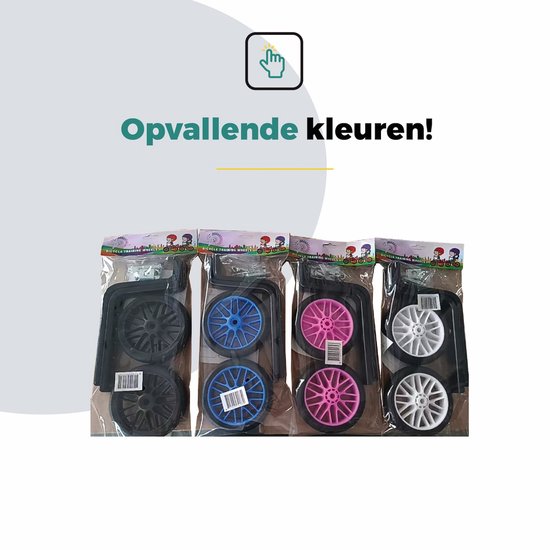 Vier sets zijwieltjes in verschillende kleuren in verpakking: zwart, blauw, roze en wit.