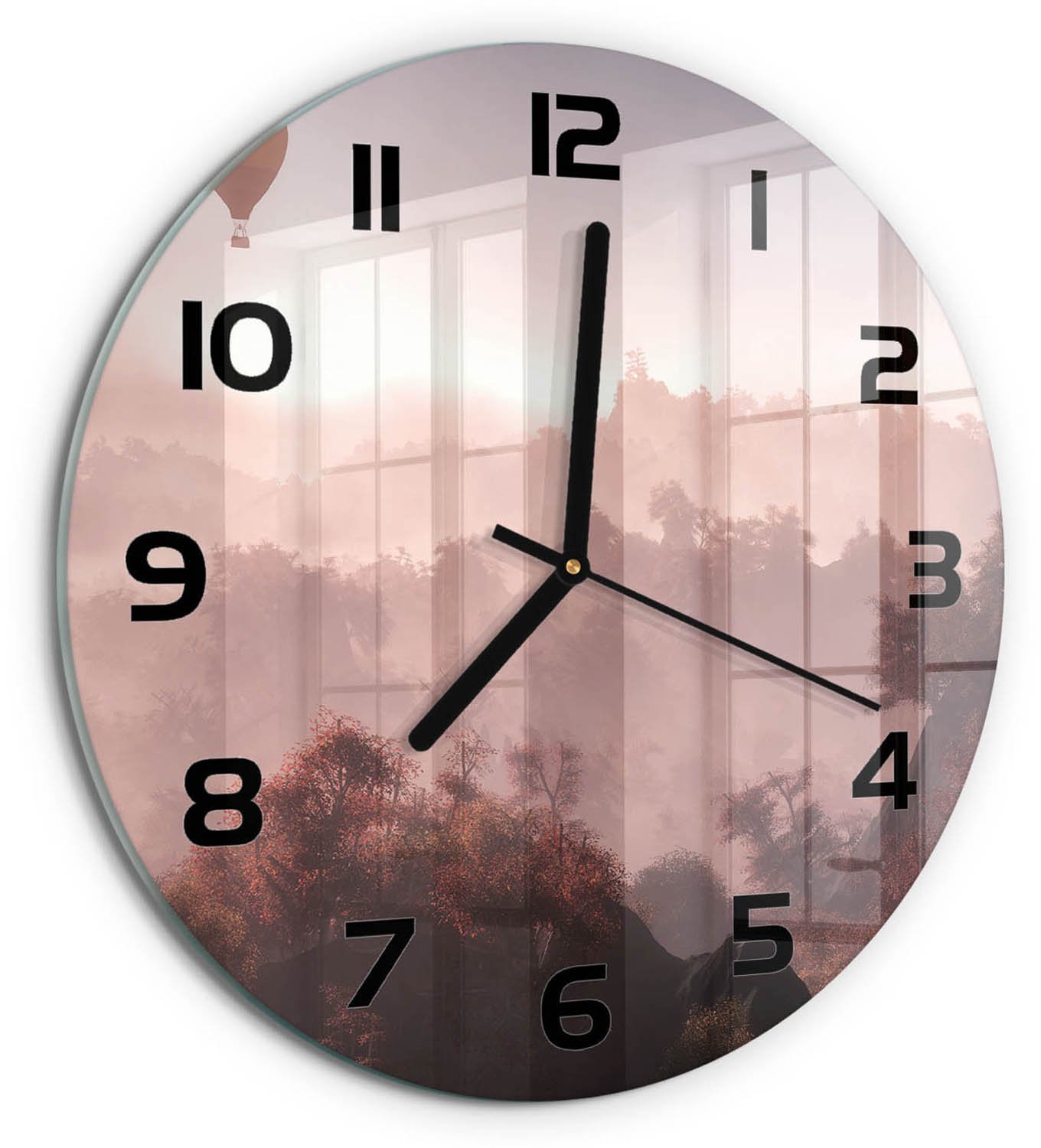 TULUP Wandklok - Ballonvaart boven het bos Moderne Wandklok Glas - fi30 cm - Bruin Wandklok Glas Decoratie - Zwarte handen - Ronde Klok - Glazen Wandklok Design - Klok Glas Met Opdruk