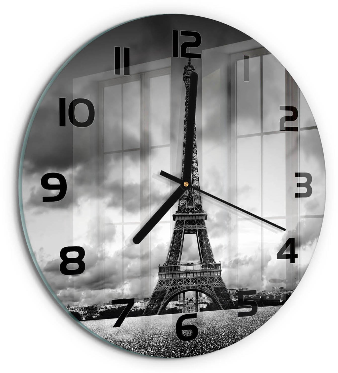 TULUP Wandklok - Eiffeltoren Parijs Wandklok Glas Met Motief - fi30 cm - Zwart-wit Decoratieve Glazen Klok - Zwarte handen - Ronde Klok - Gekleurde Glazen Klok - Glazen Klok Met Print