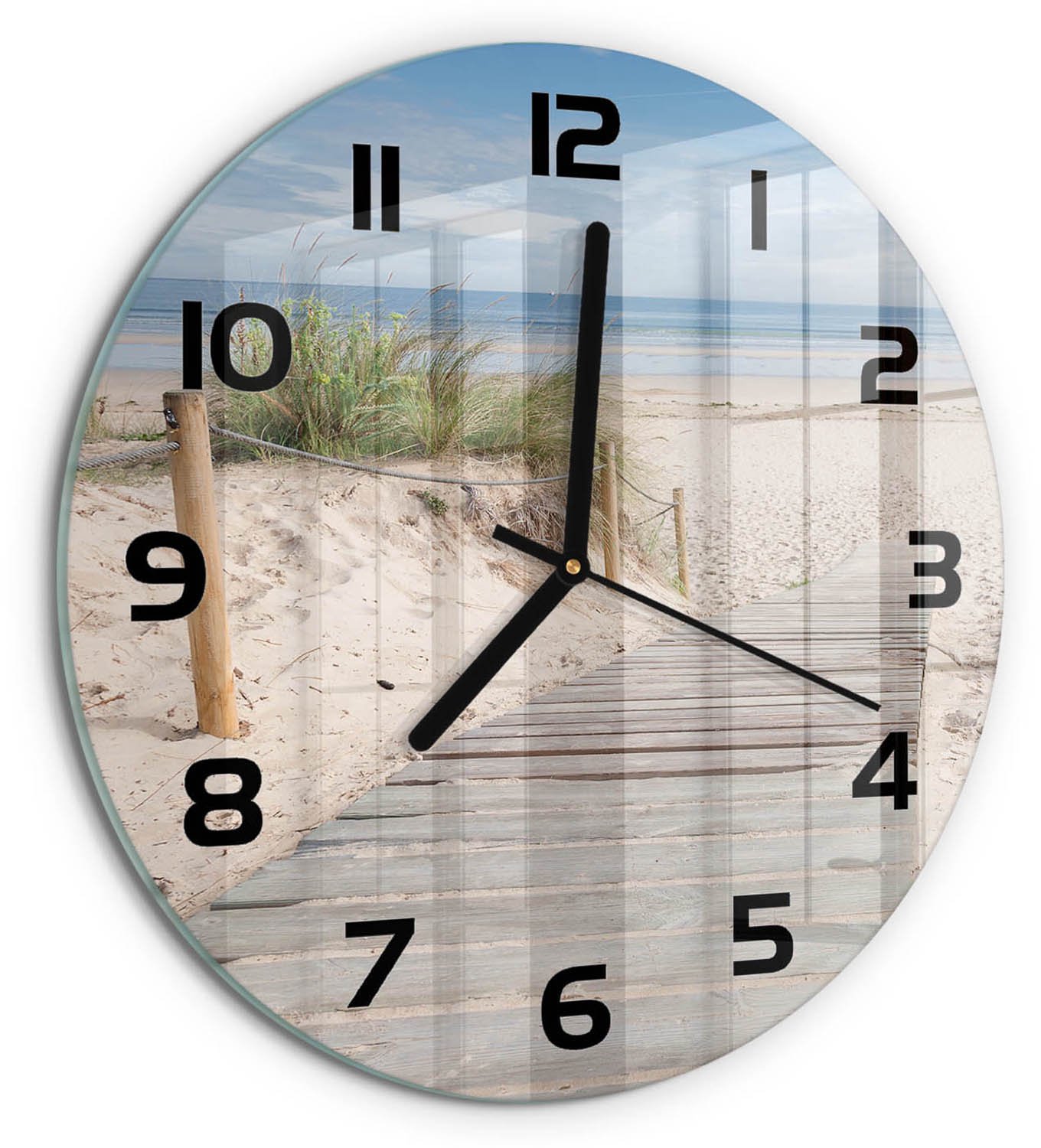 TULUP Wandklok - Strand Gekleurde Glazen Klok - fi30 cm - Beige Glazen Klok Met Print - Zwarte handen - Ronde Klok - Moderne Wandklok Glas - Wandklok Glas Decoratie