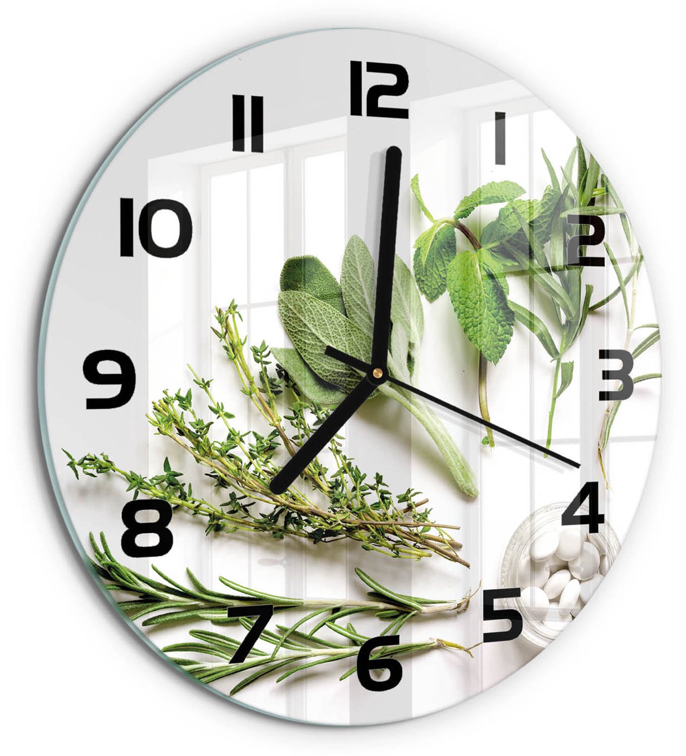 TULUP Wandklok - Kruiden Gekleurde Glazen Klok - fi30 cm - Groente Glazen Klok Met Print - Zwarte handen - Ronde Klok - Moderne Wandklok Glas - Wandklok Glas Decoratie