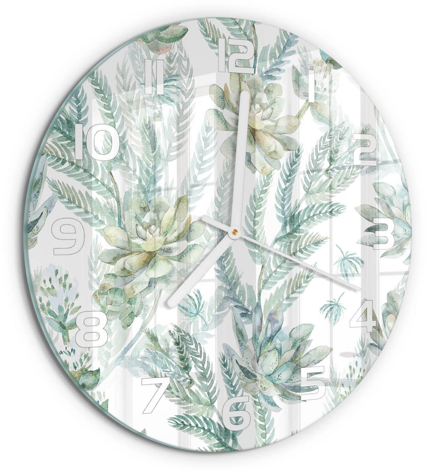TULUP Wandklok - Bloemen en bladeren Glazen Wandklok Design - fi30 cm - Groente Klok Glas Met Opdruk - Witte handen - Ronde Klok - Wandklok Glas Met Motief - Decoratieve Glazen Klok