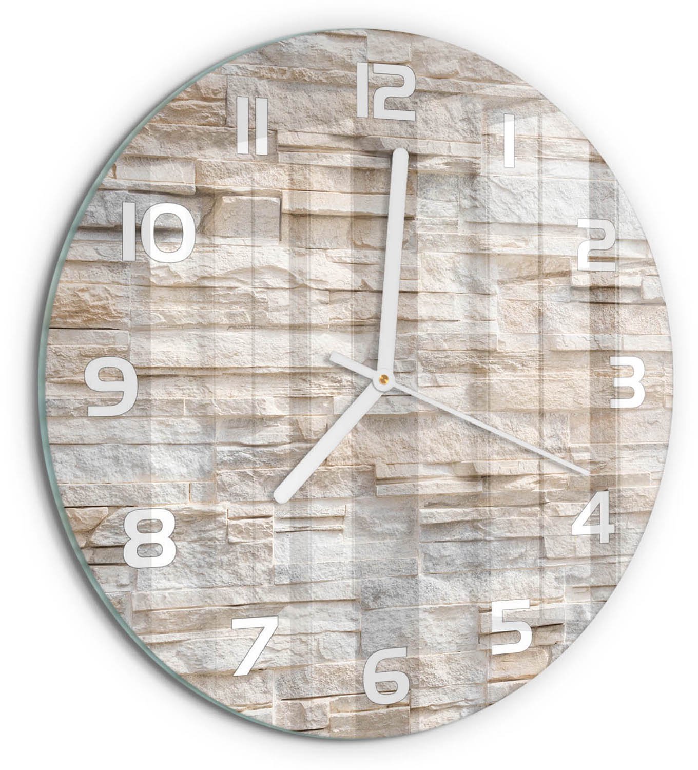 TULUP Wandklok - Bakstenen muur Gekleurde Glazen Klok - fi30 cm - Beige Glazen Klok Met Print - Witte handen - Ronde Klok - Moderne Wandklok Glas - Wandklok Glas Decoratie
